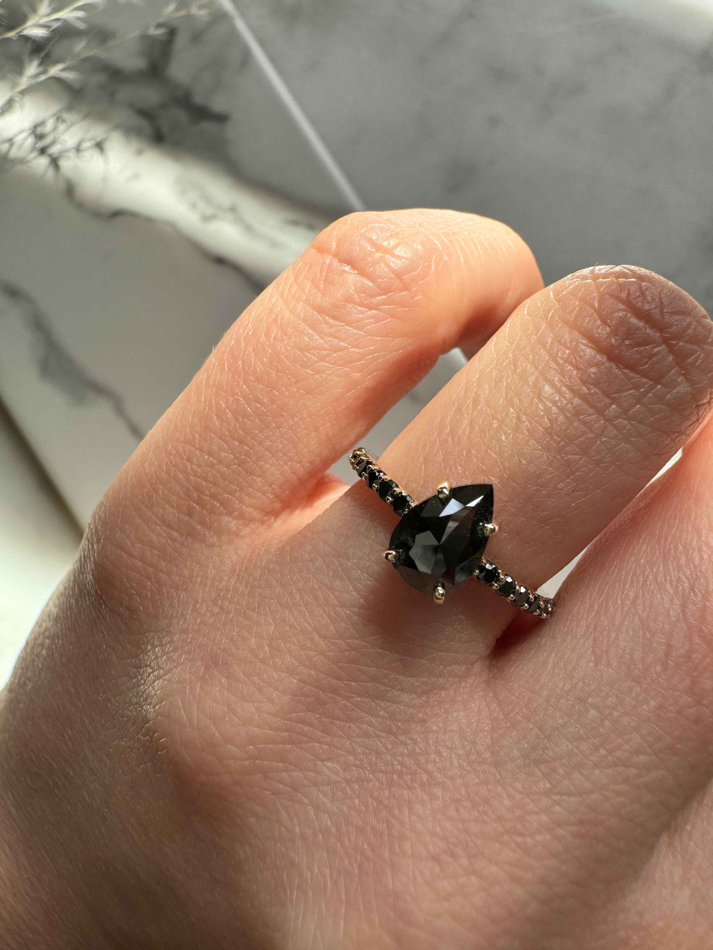 Custom Salt and Pepper Black Diamond Pear Engagement Ring