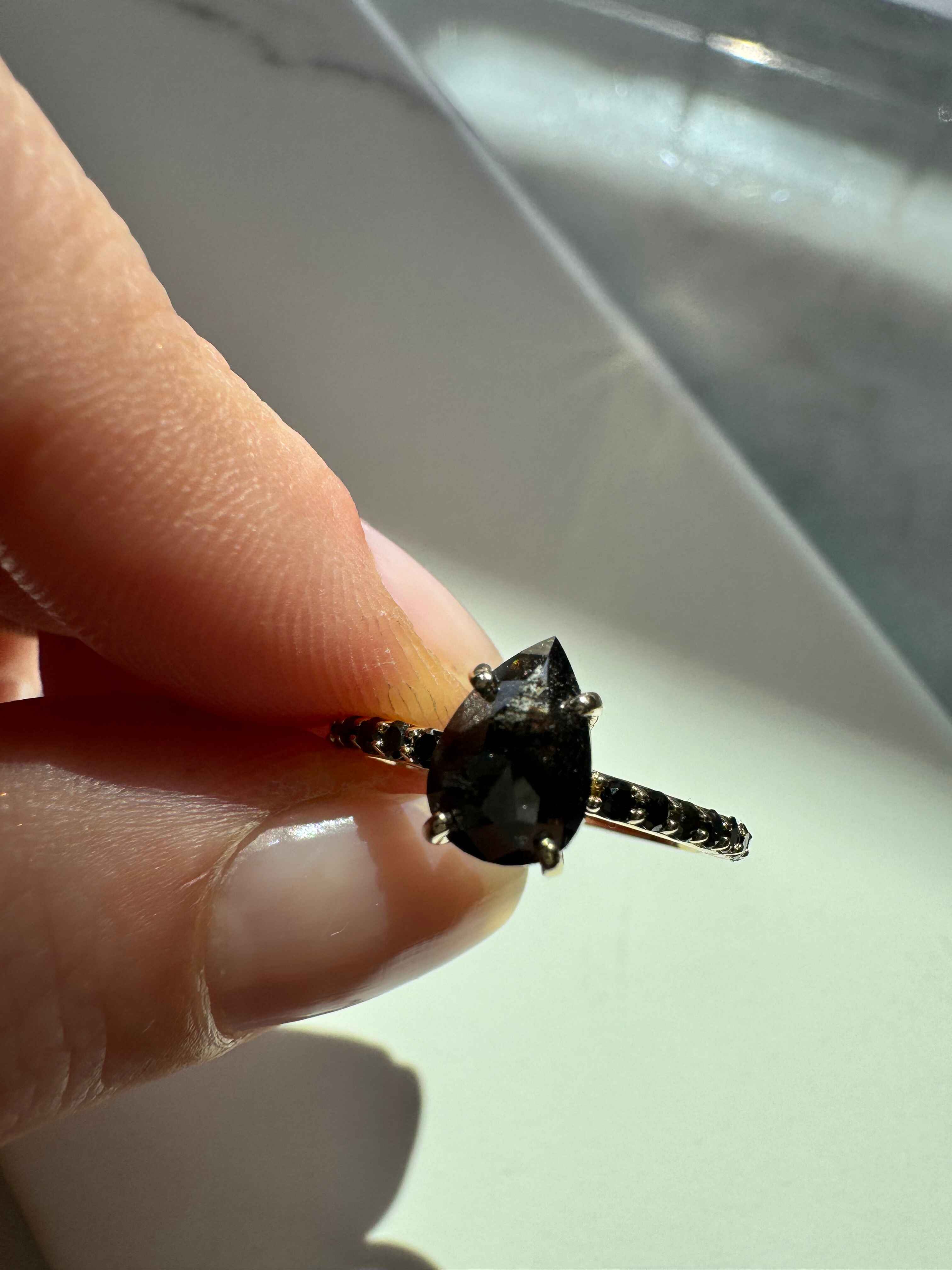 Salt and Pepper Black Diamond Pear Engagement Ring