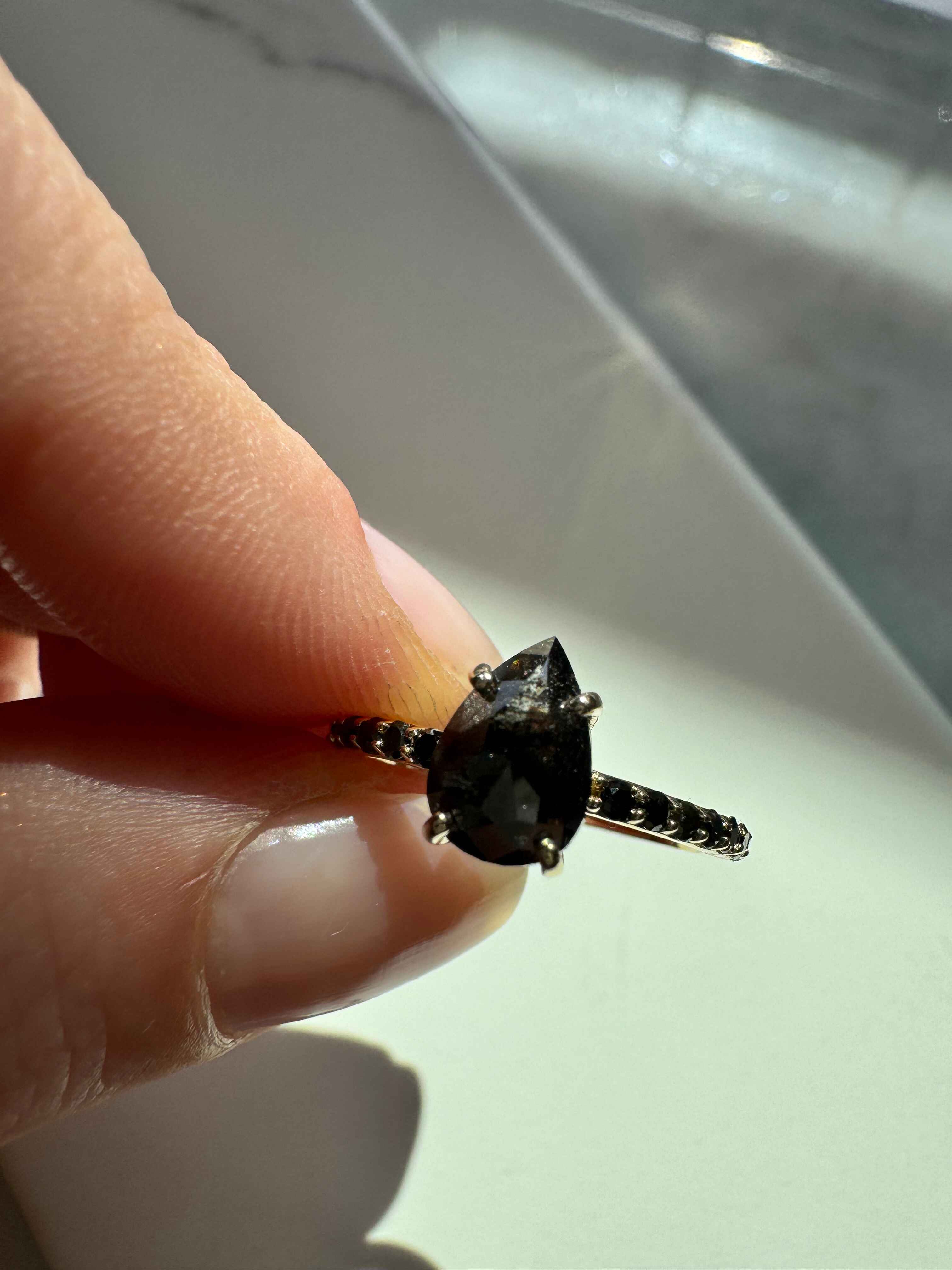Custom Salt and Pepper Black Diamond Pear Engagement Ring
