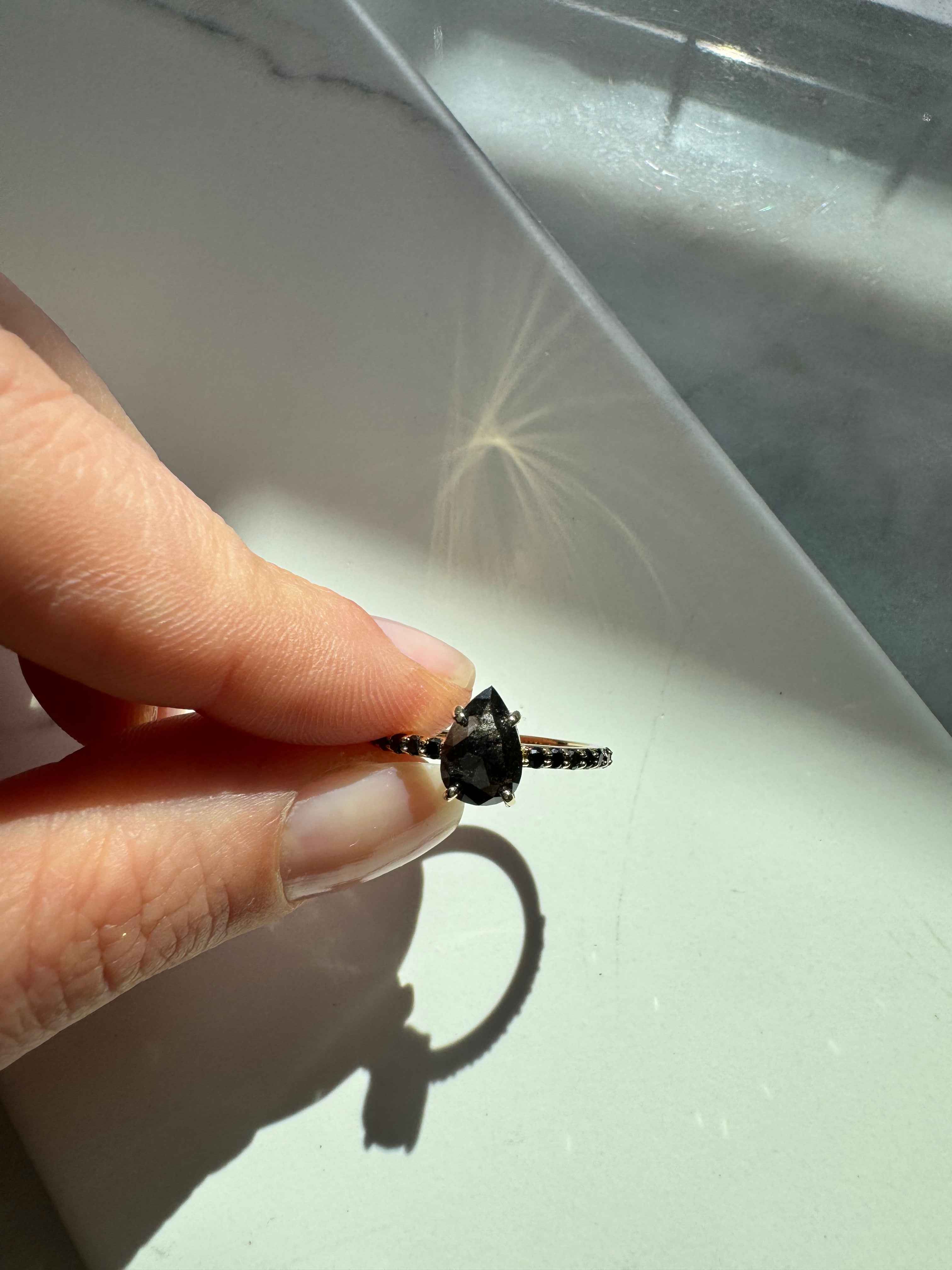Custom Salt and Pepper Black Diamond Pear Engagement Ring
