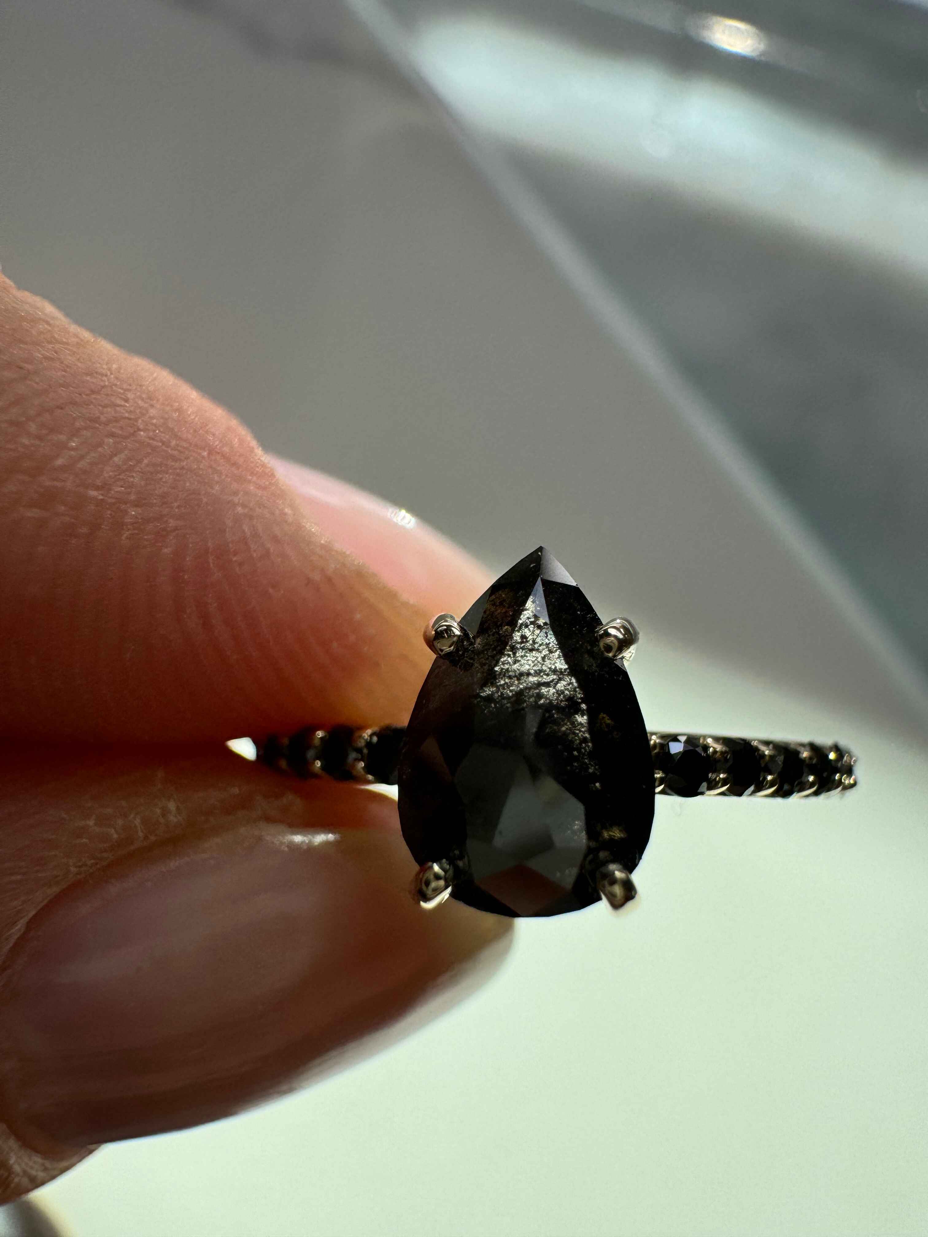 Custom Salt and Pepper Black Diamond Pear Engagement Ring
