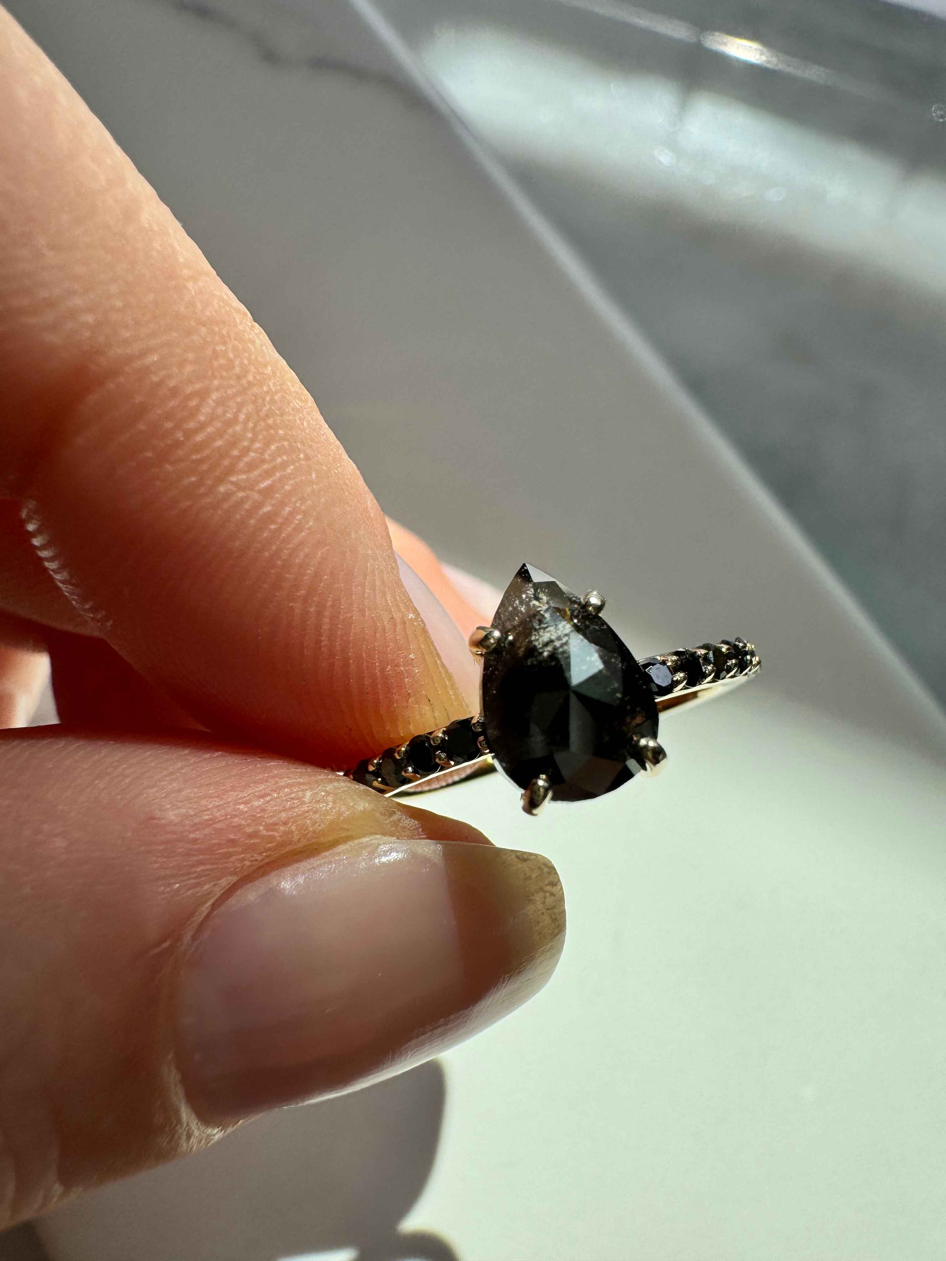 Custom Salt and Pepper Black Diamond Pear Engagement Ring