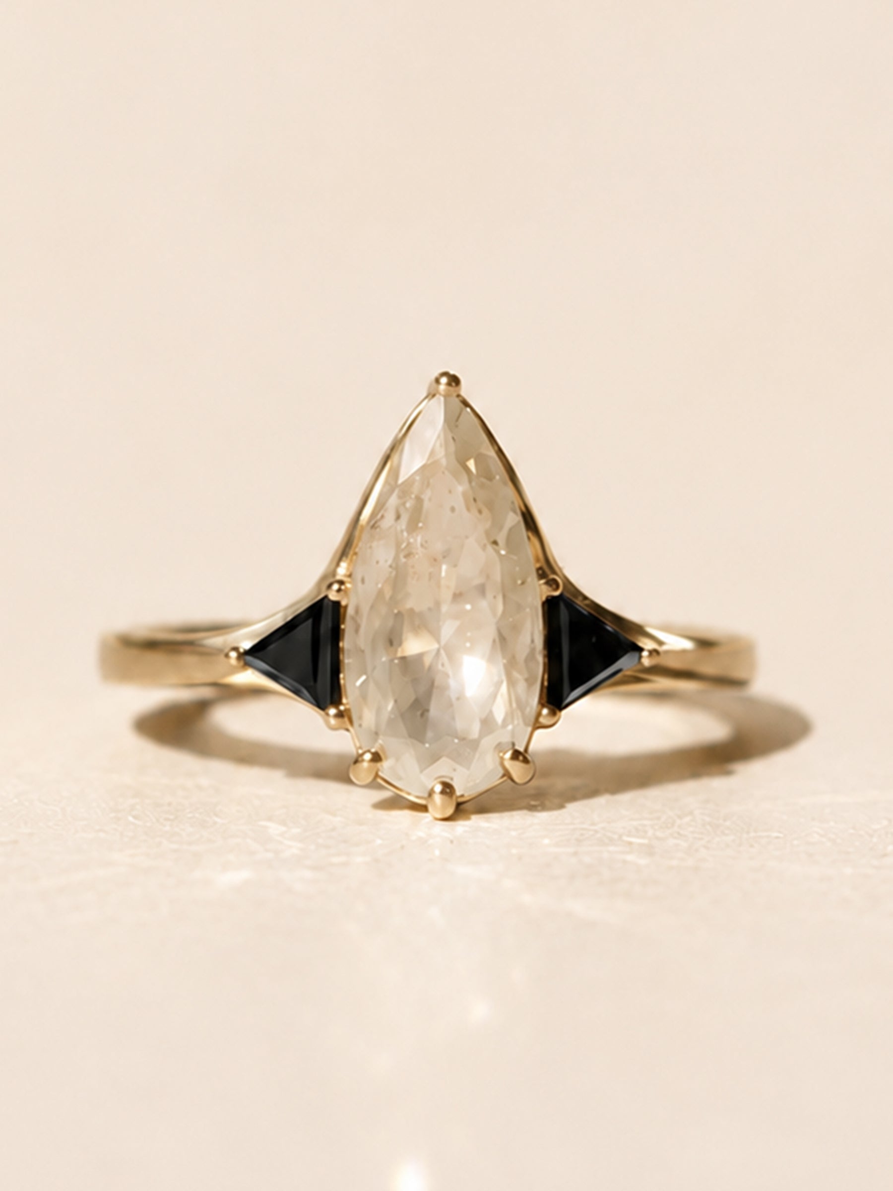 Elongated Pear Engagement Ring with Black Diamond Side Stones