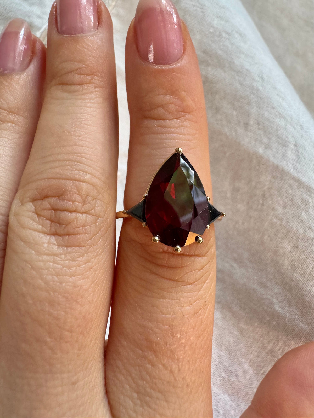 Garnet & Black Diamond Three Stone Pear Engagement Ring