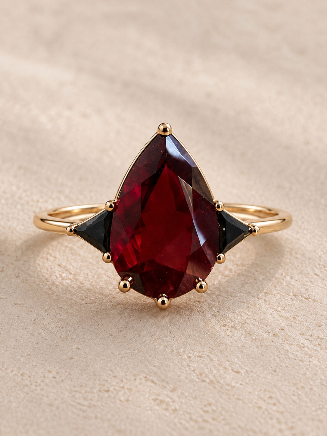 Garnet & Black Diamond Three Stone Pear Engagement Ring
