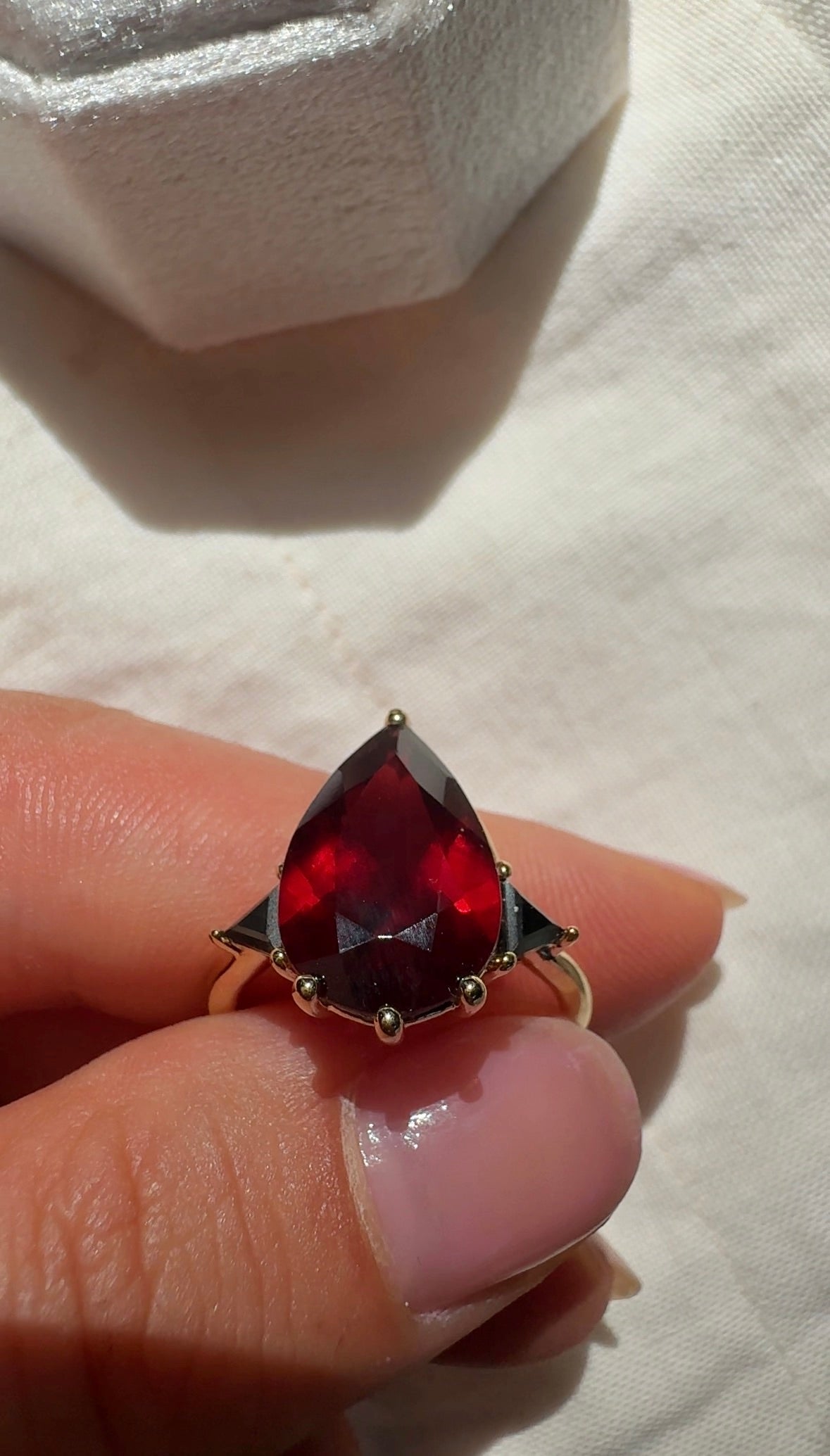Garnet & Black Diamond Three Stone Pear Engagement Ring