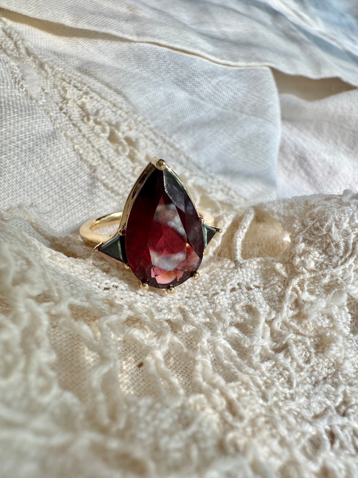 Garnet & Black Diamond Three Stone Pear Engagement Ring