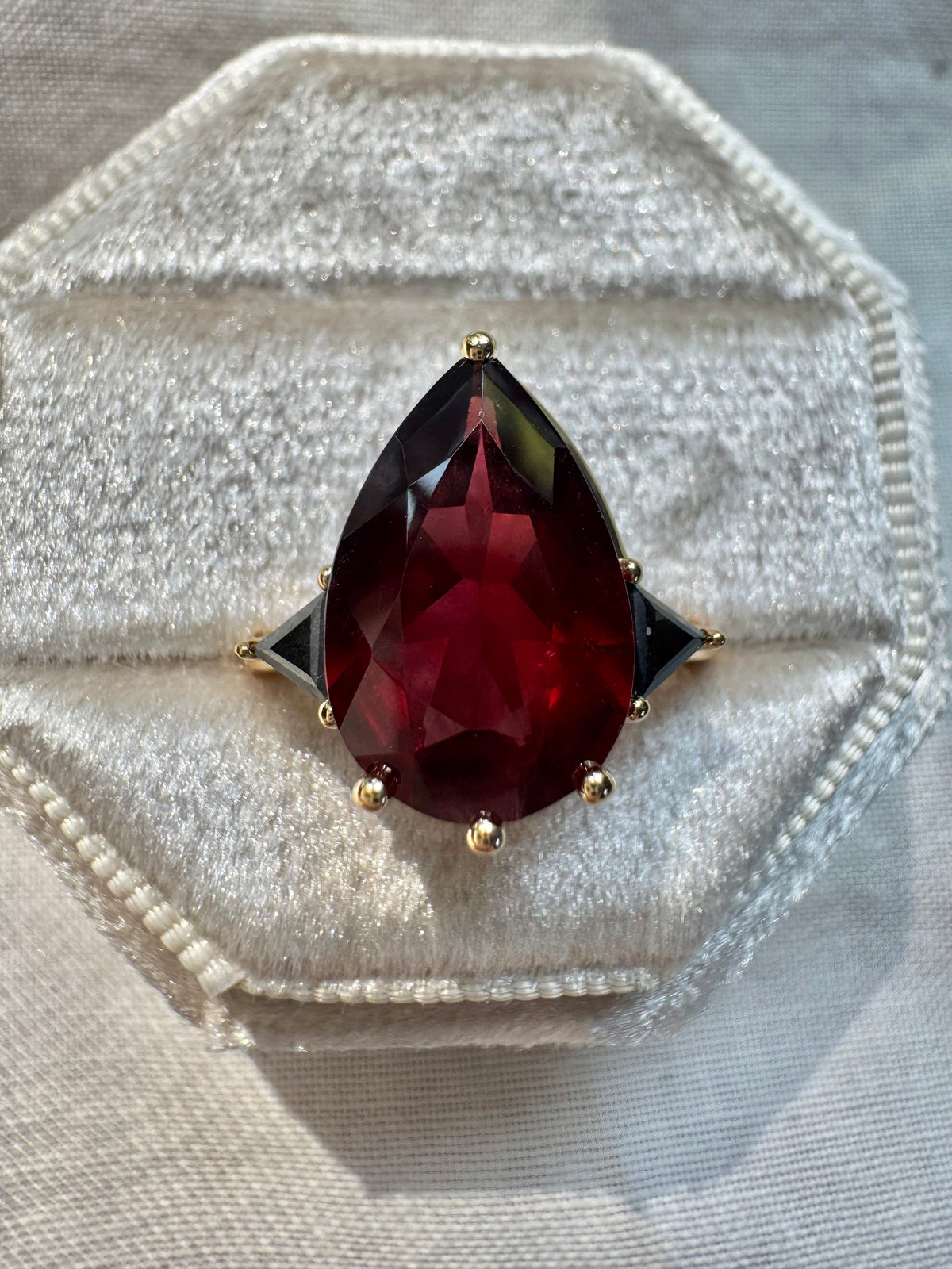 Garnet & Black Diamond Three Stone Pear Engagement Ring