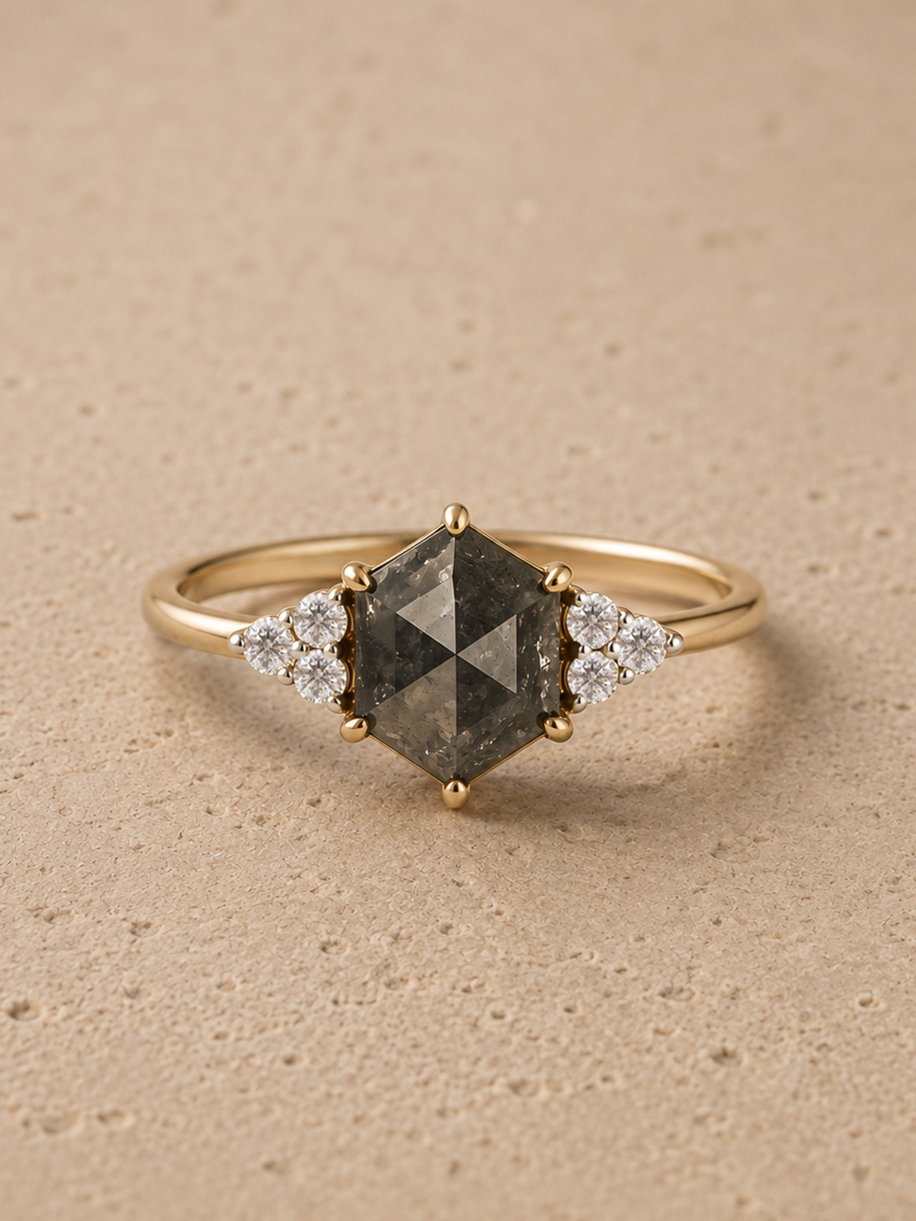 Hexagon Salt and Pepper Diamond Engagement Ring