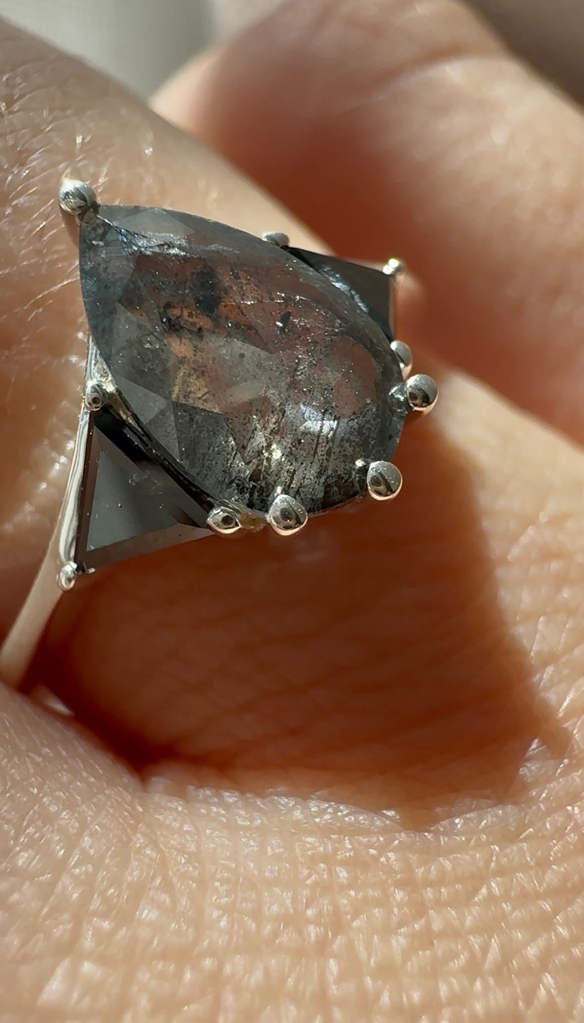 Salt & Pepper Pear Diamond and Black Onyx Custom Engagement Ring