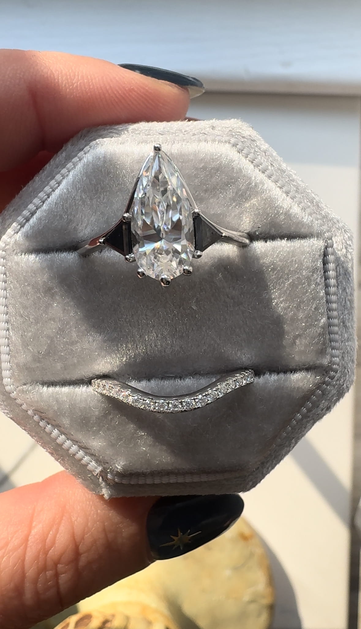 Moissanite Elongated Pear with Black Side Stones Engagement Ring
