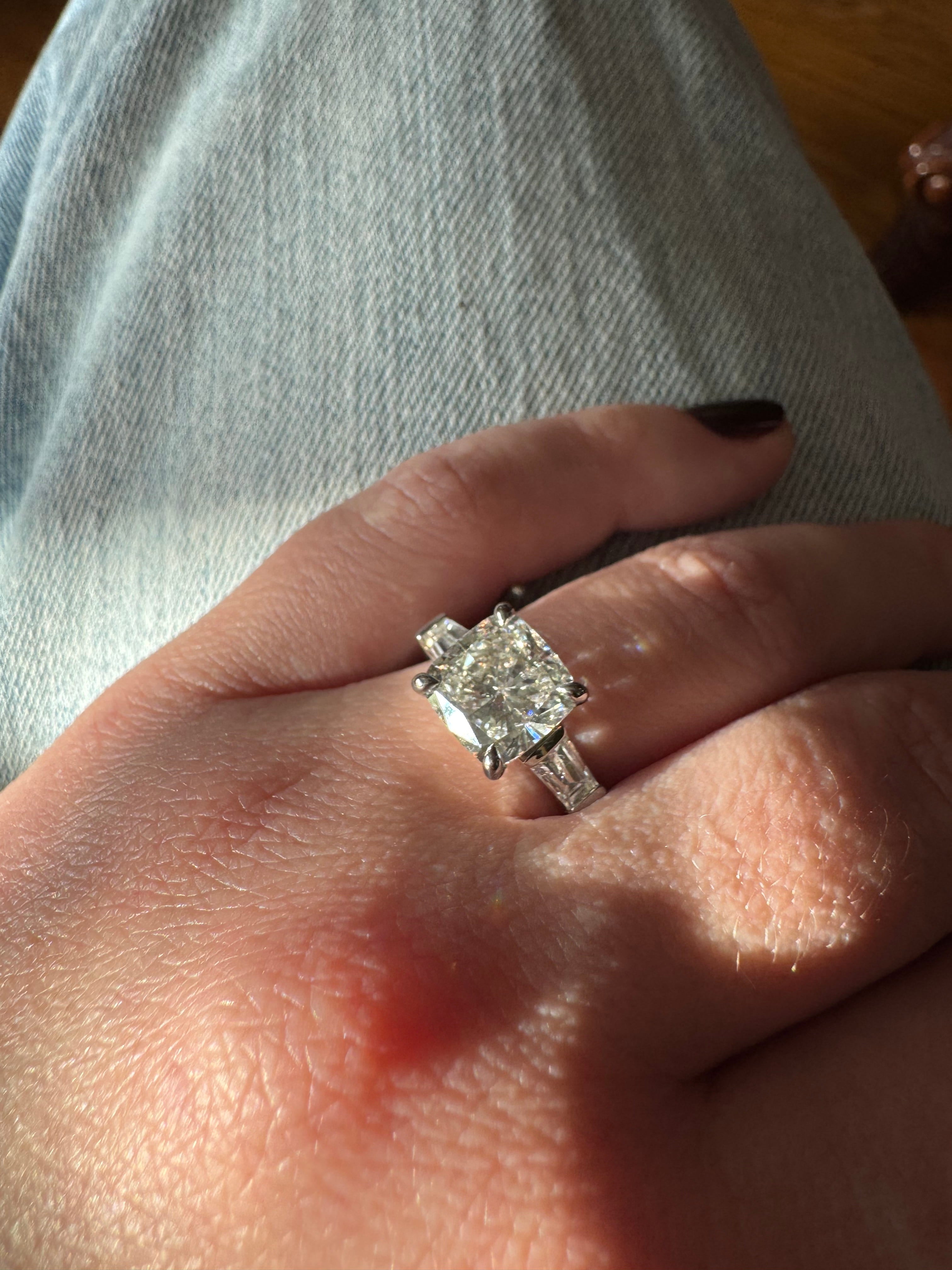 Cushion Cut & Baguette Moissanite Engagement Ring