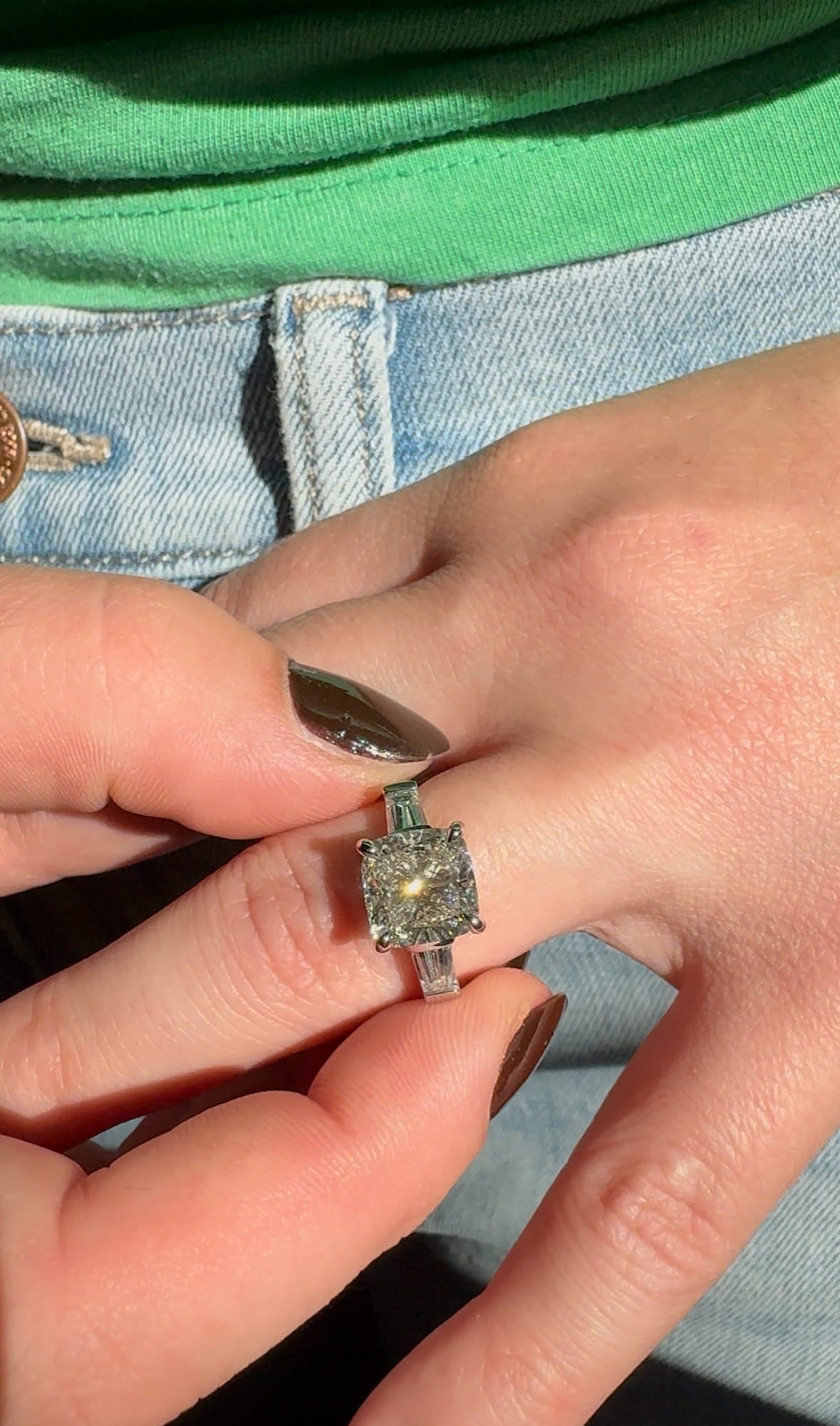 Cushion Cut & Baguette Moissanite Engagement Ring
