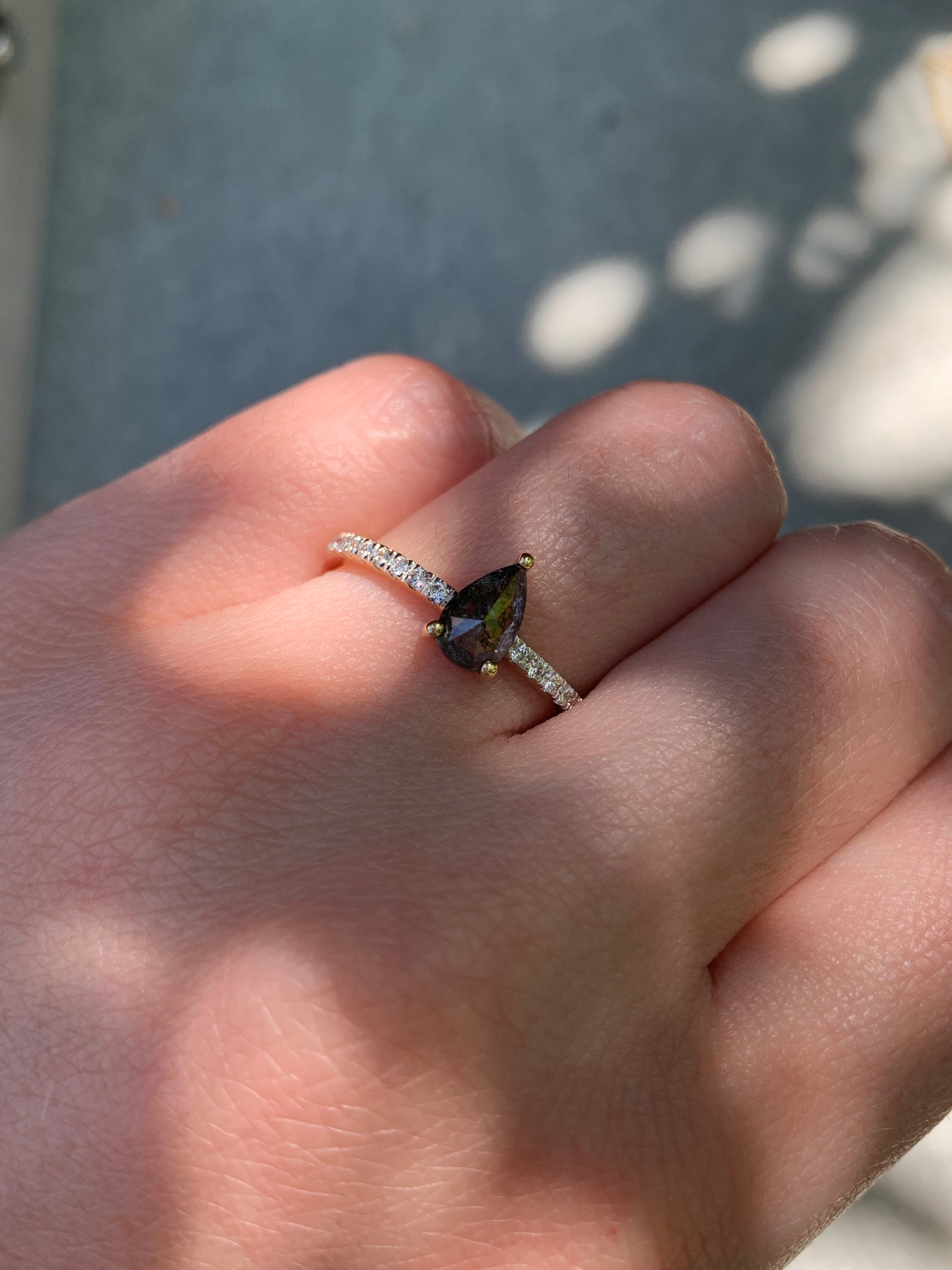 Custom Salt and Pepper Diamond Pear Solitaire Engagement Ring