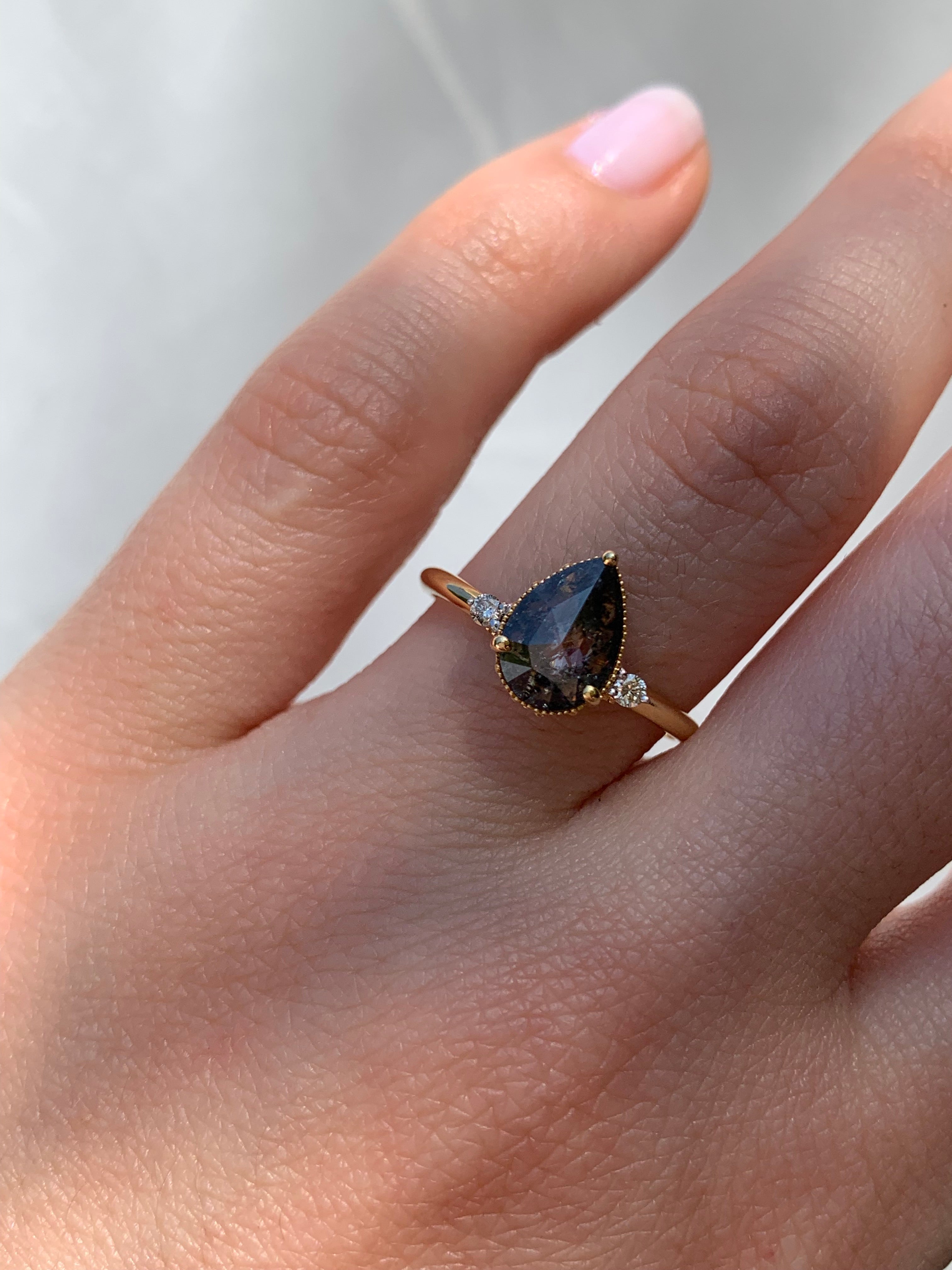 Custom Salt and Pepper Pear Diamond Engagement Ring