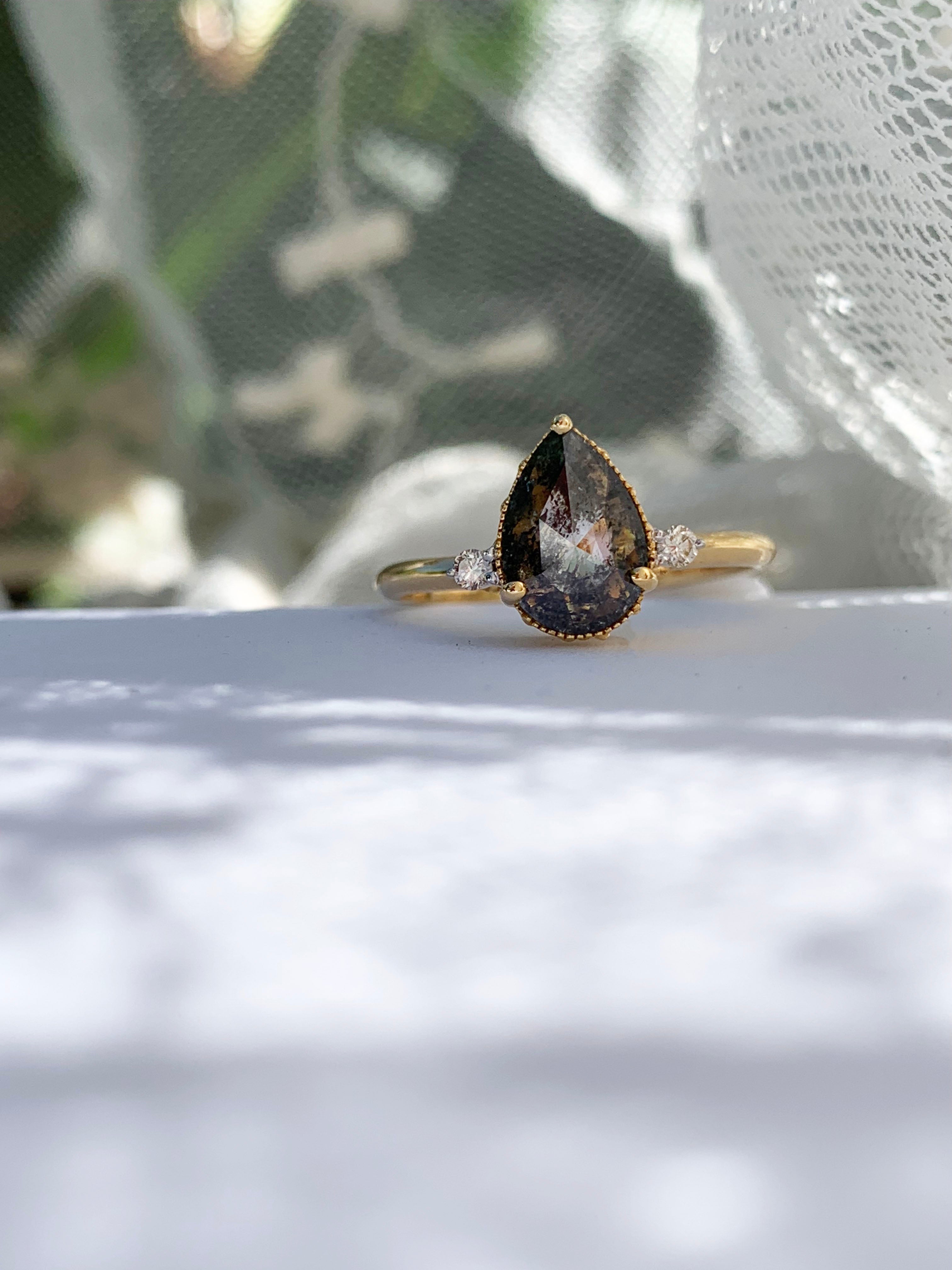 Custom Salt and Pepper Pear Diamond Engagement Ring