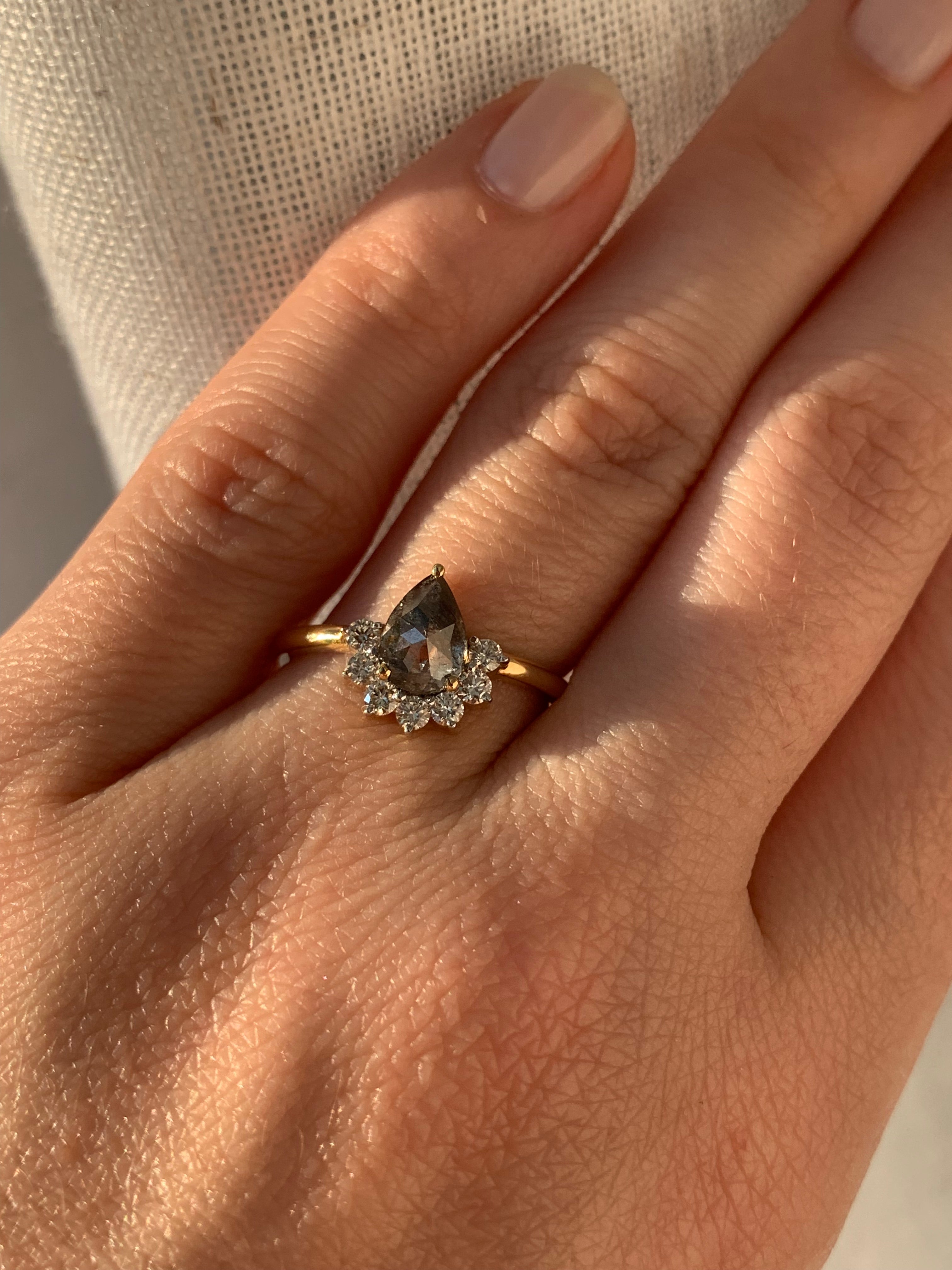 Custom Salt and Pepper Diamond Pear with Bottom Halo Engagement Ring