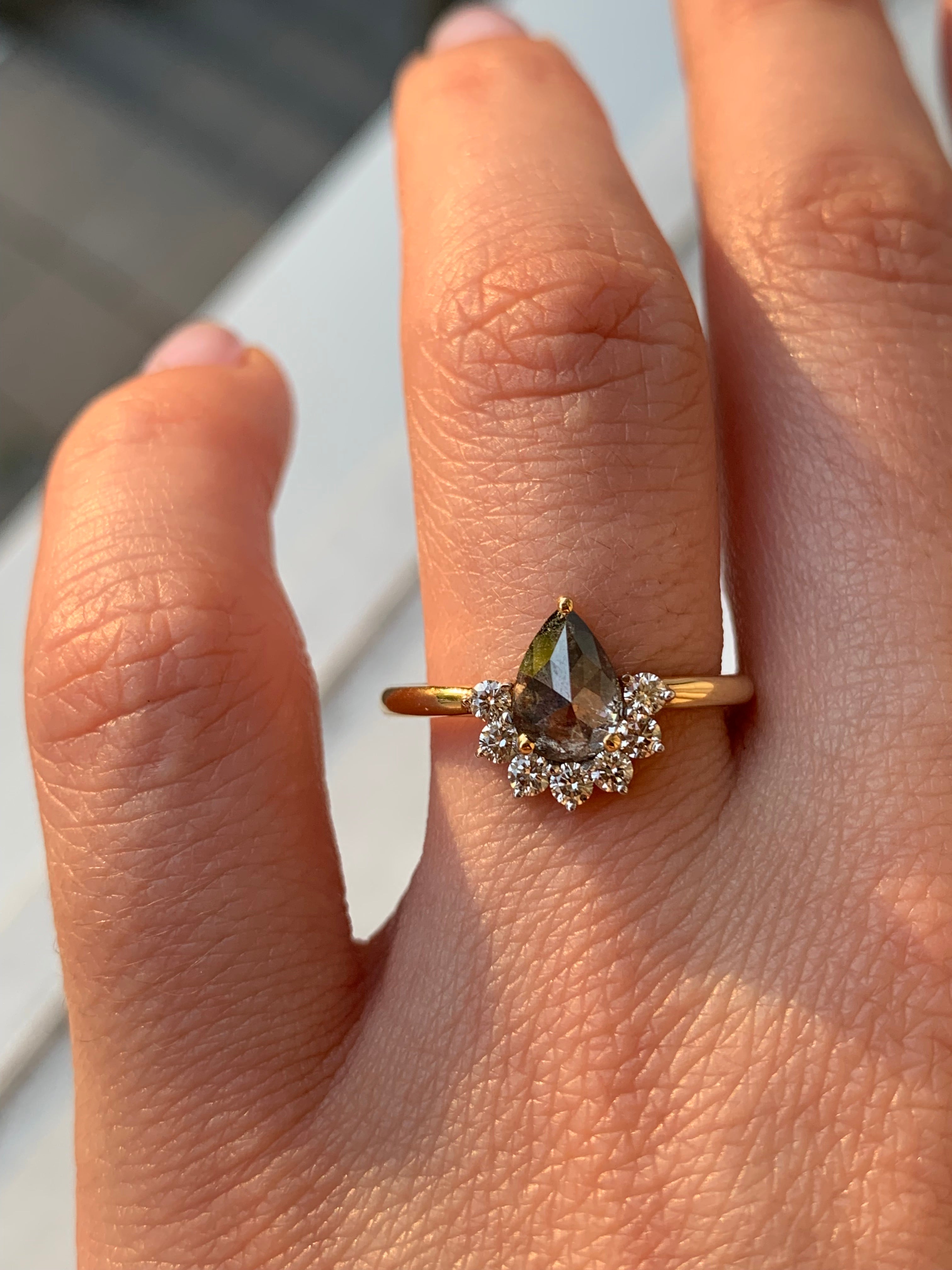 Custom Salt and Pepper Diamond Pear with Bottom Halo Engagement Ring