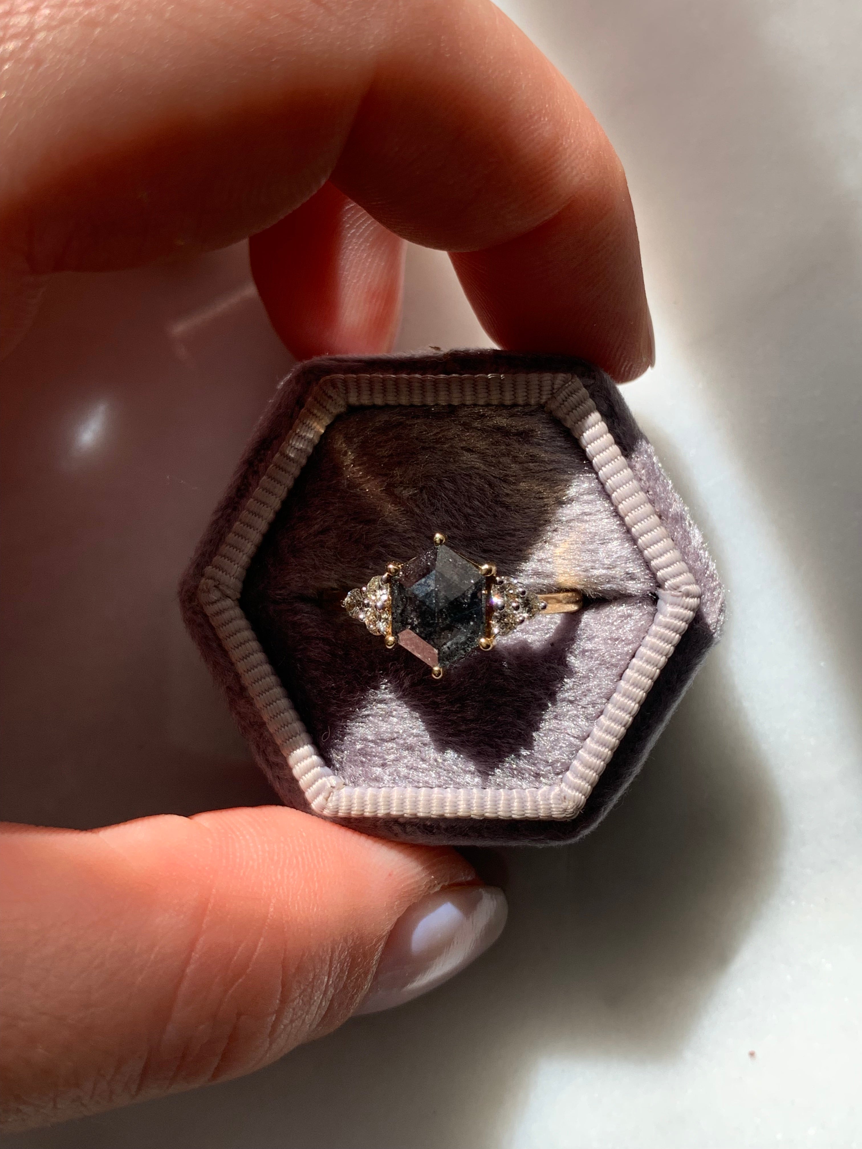 Custom Salt and Pepper Diamond Hexagon Engagement Ring