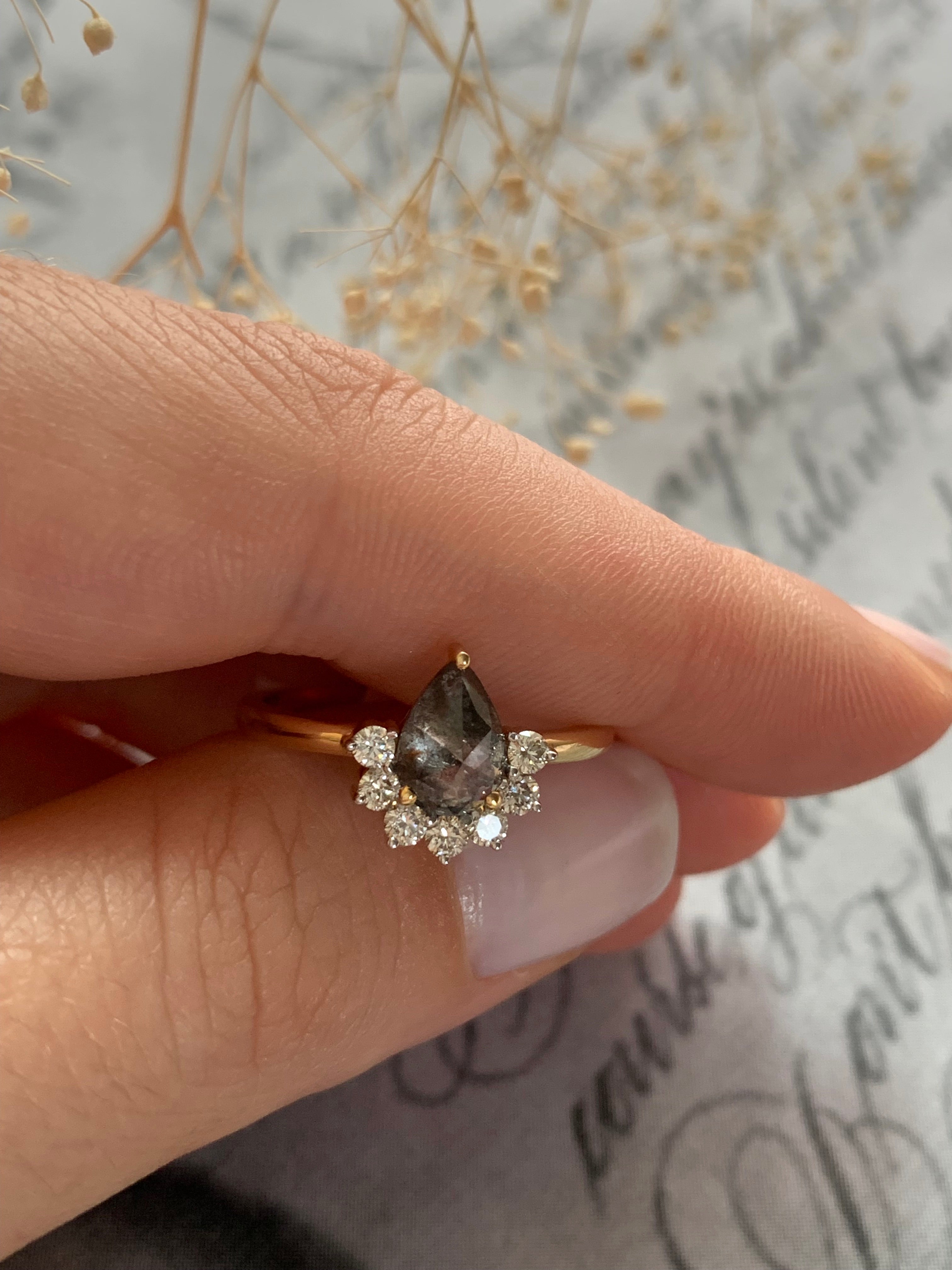 Custom Salt and Pepper Diamond Pear with Bottom Halo Engagement Ring