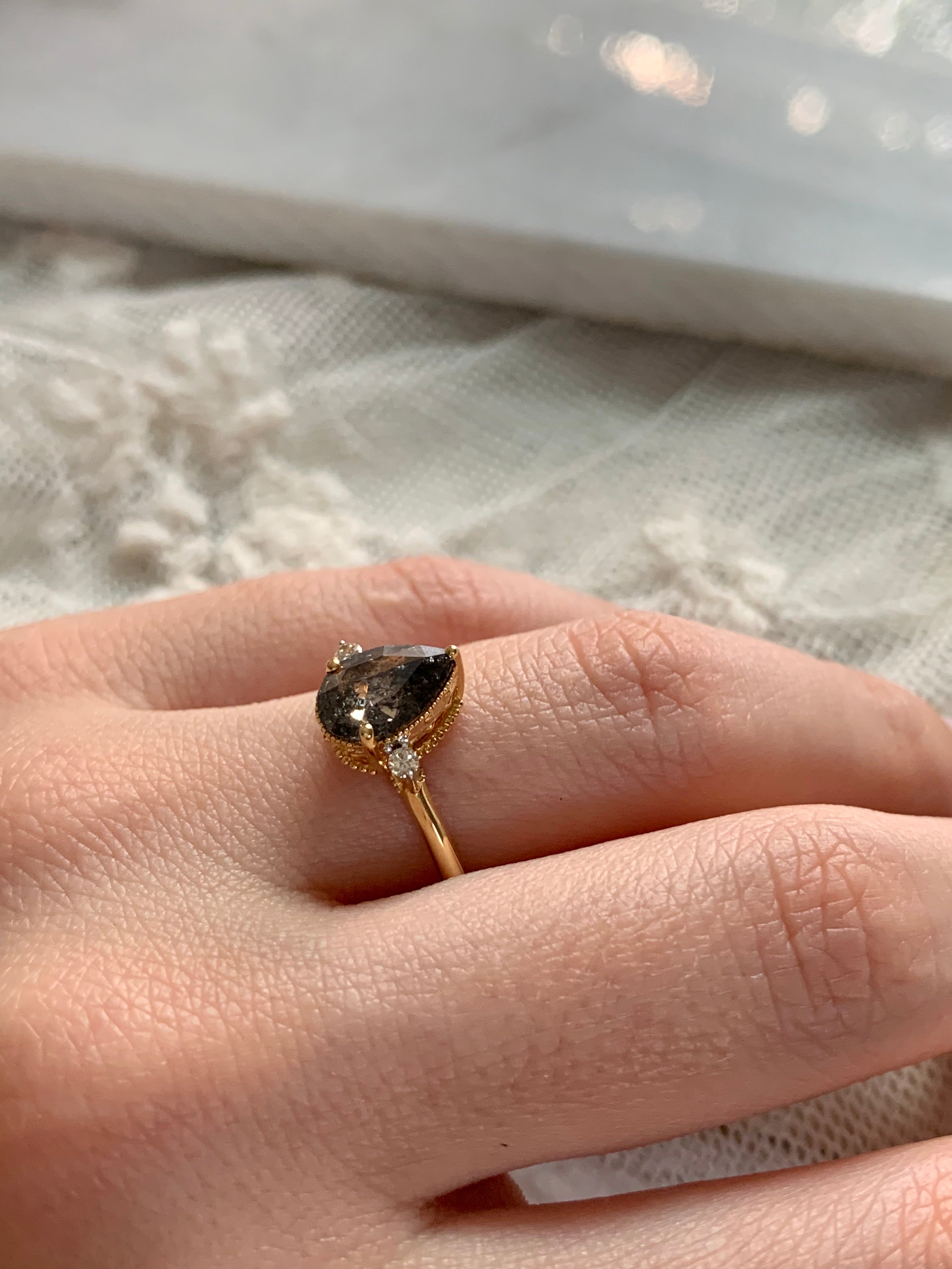 Custom Salt and Pepper Pear Diamond Engagement Ring