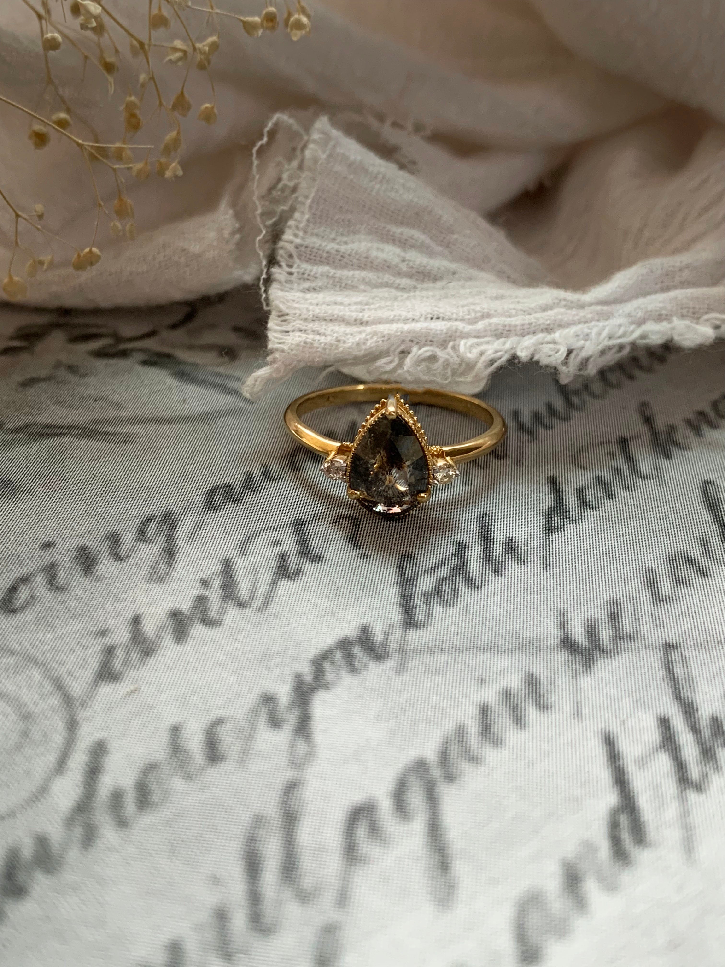Custom Salt and Pepper Pear Diamond Engagement Ring