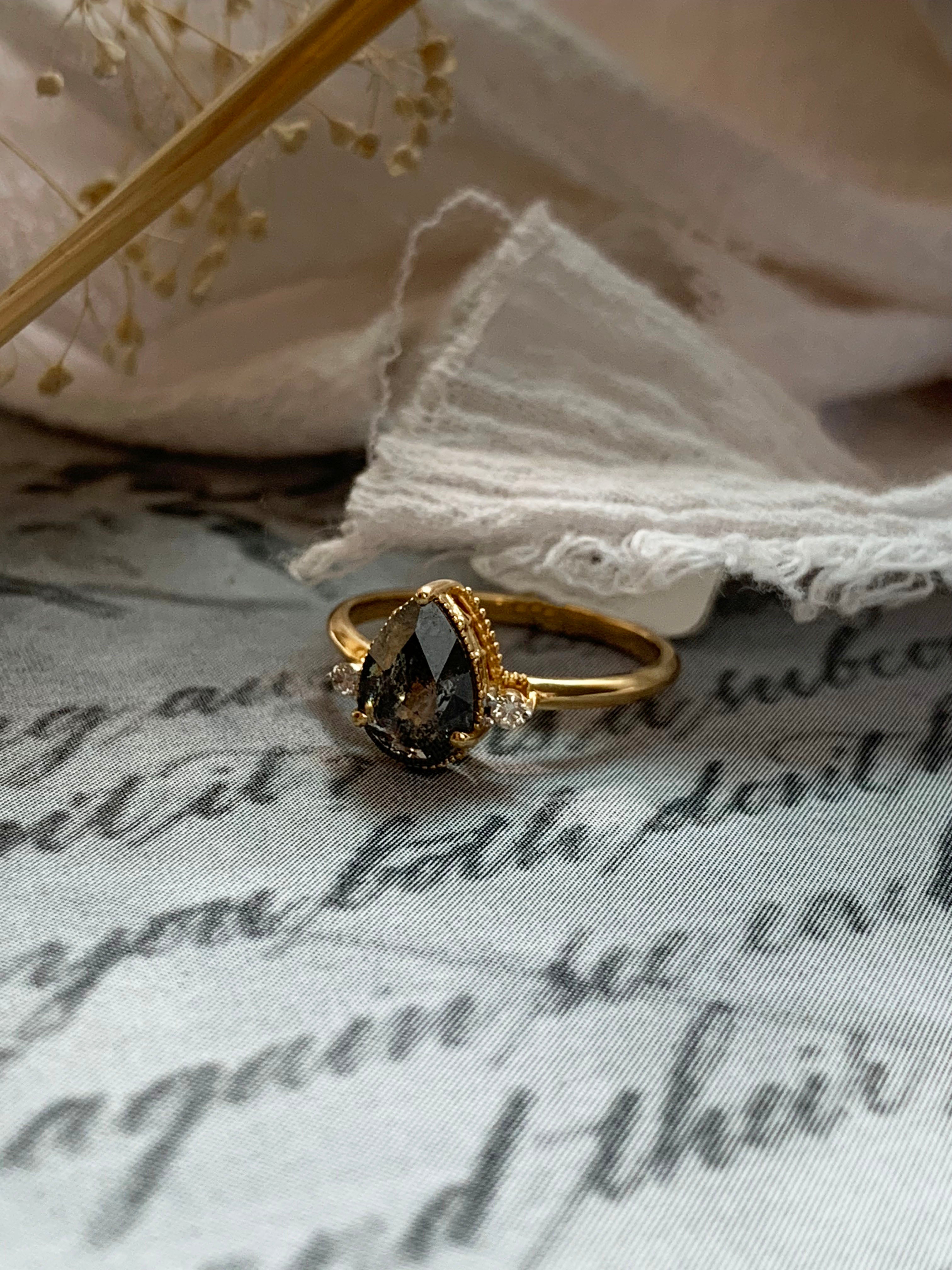 Custom Salt and Pepper Pear Diamond Engagement Ring