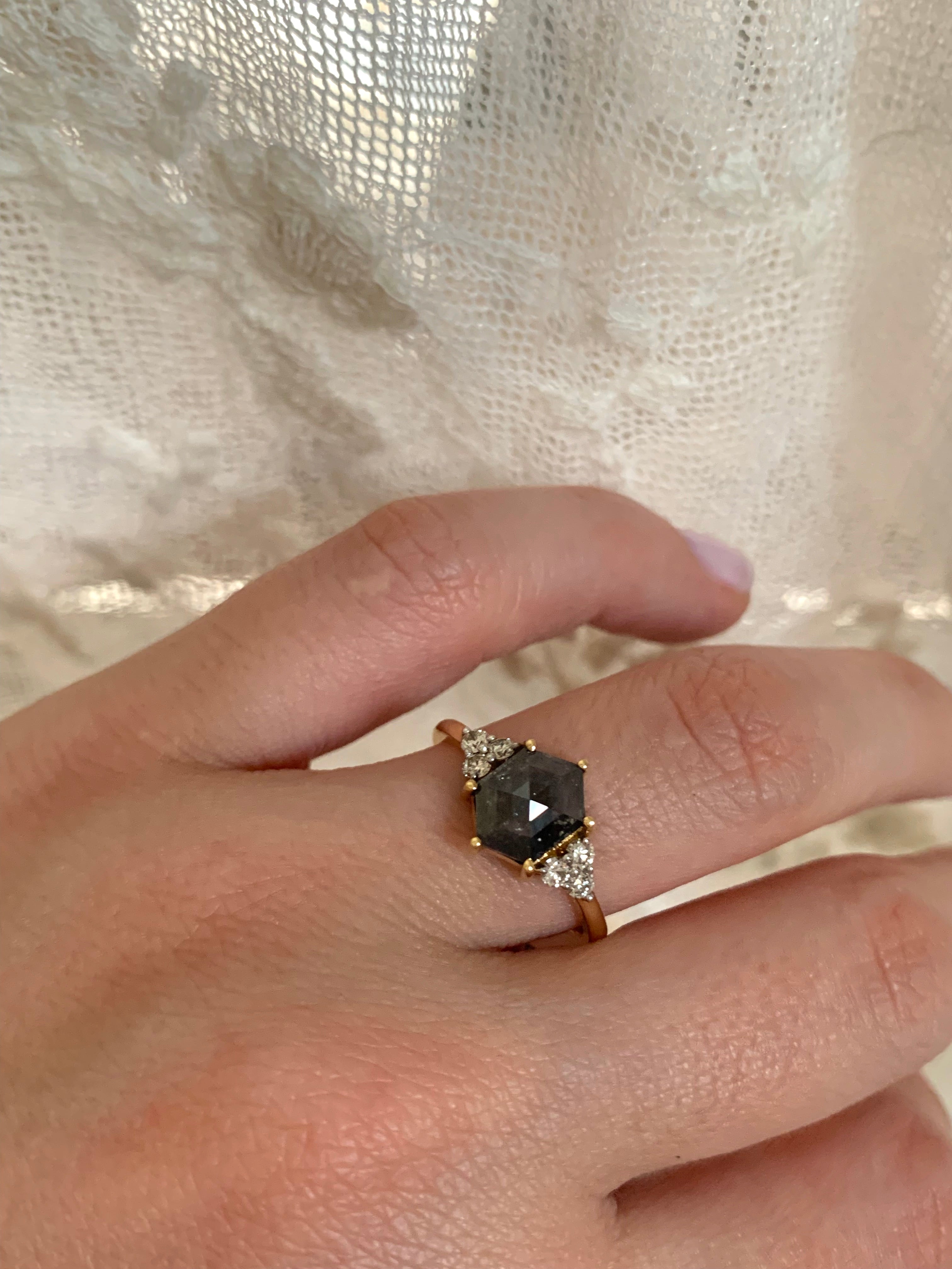 Custom Salt and Pepper Diamond Hexagon Engagement Ring