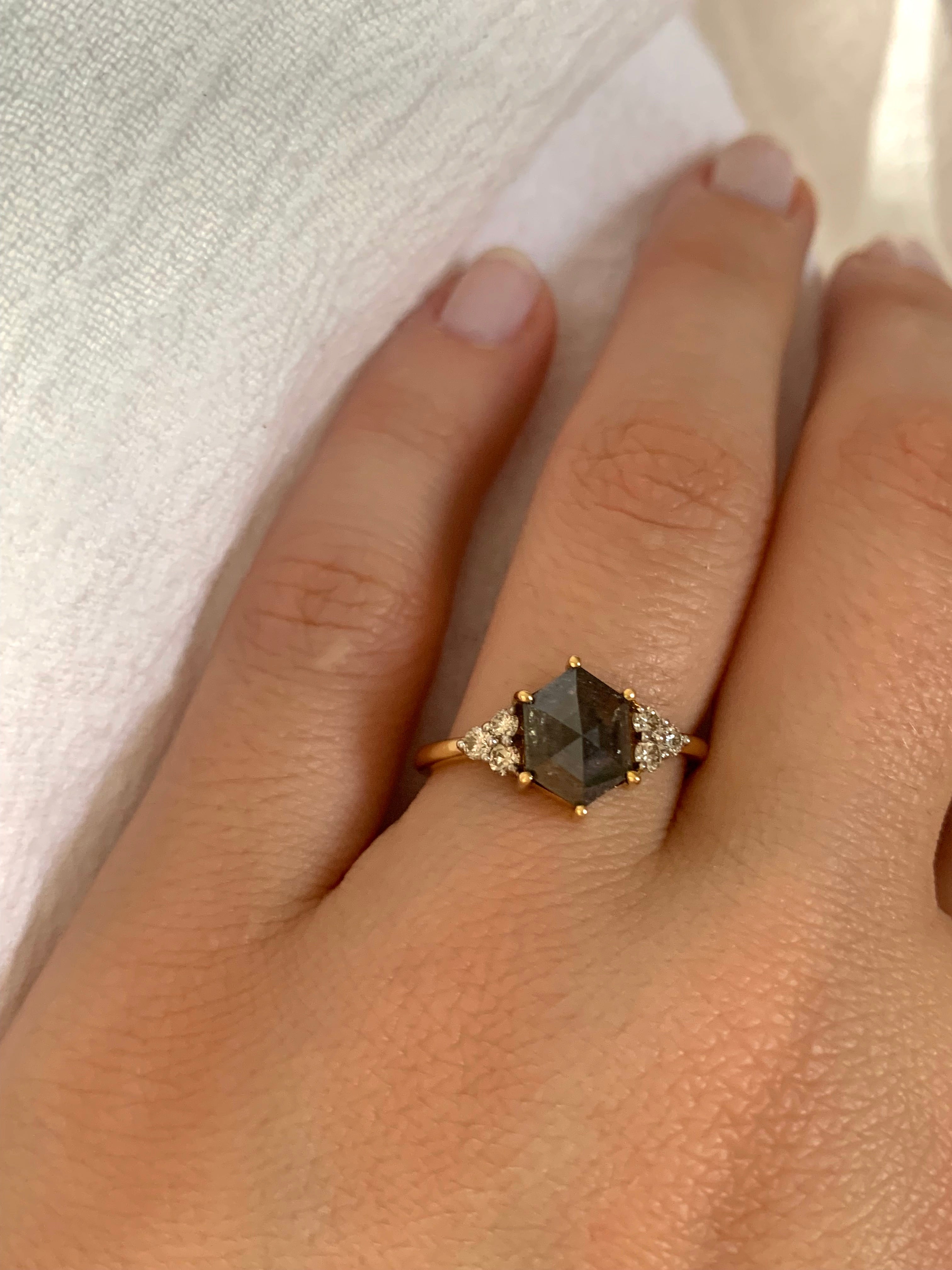 Salt and Pepper Diamond Hexagon Engagement Ring