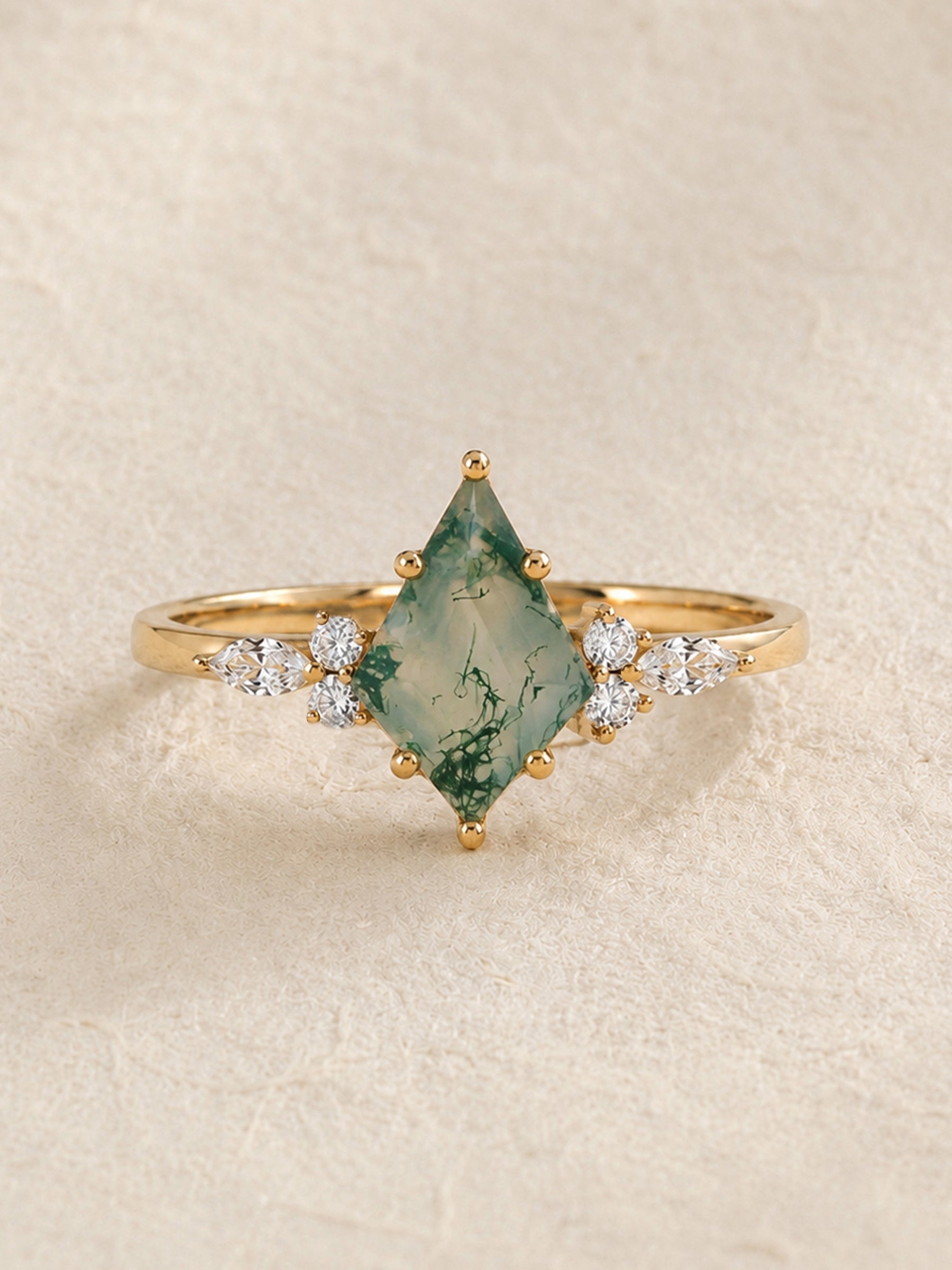 Kite Cut Moss Agate Engagement Ring