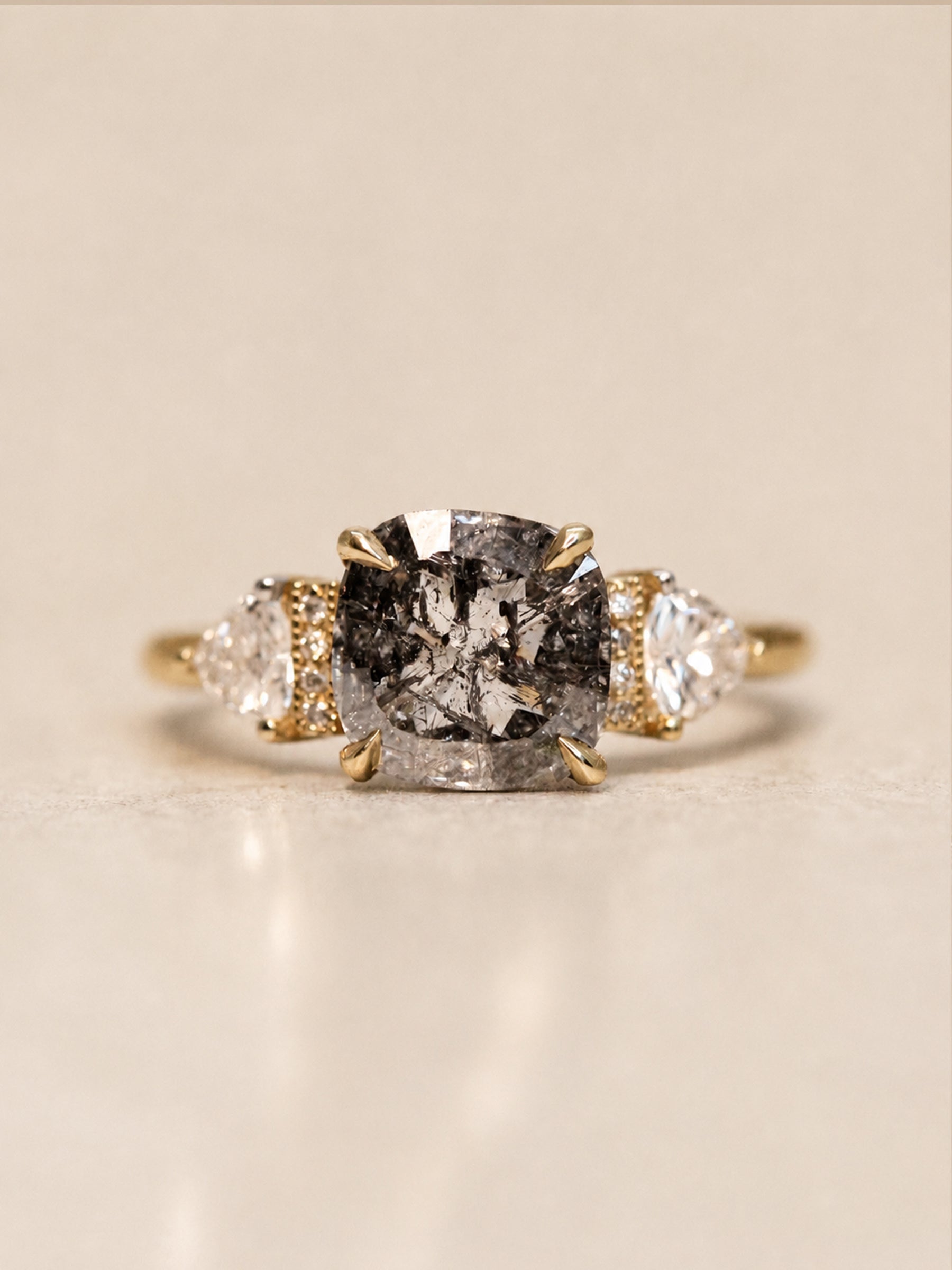 Cushion Salt & Pepper Diamond Three Stone Engagement Ring