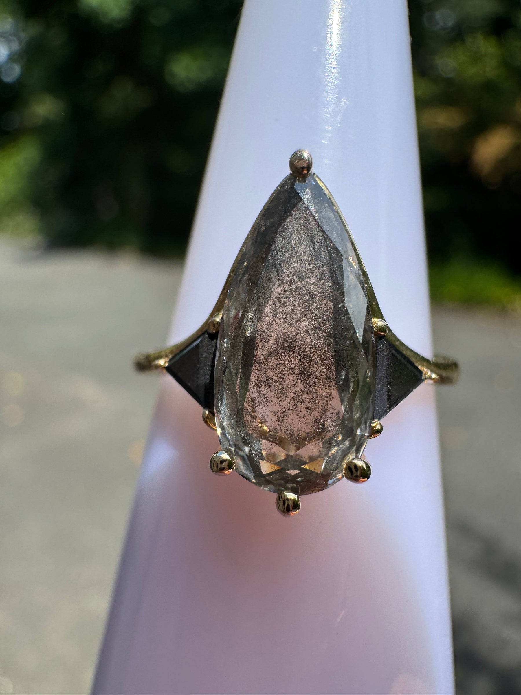 Salt & Pepper Diamond Pear Engagement Ring with Black Diamond Side Stones