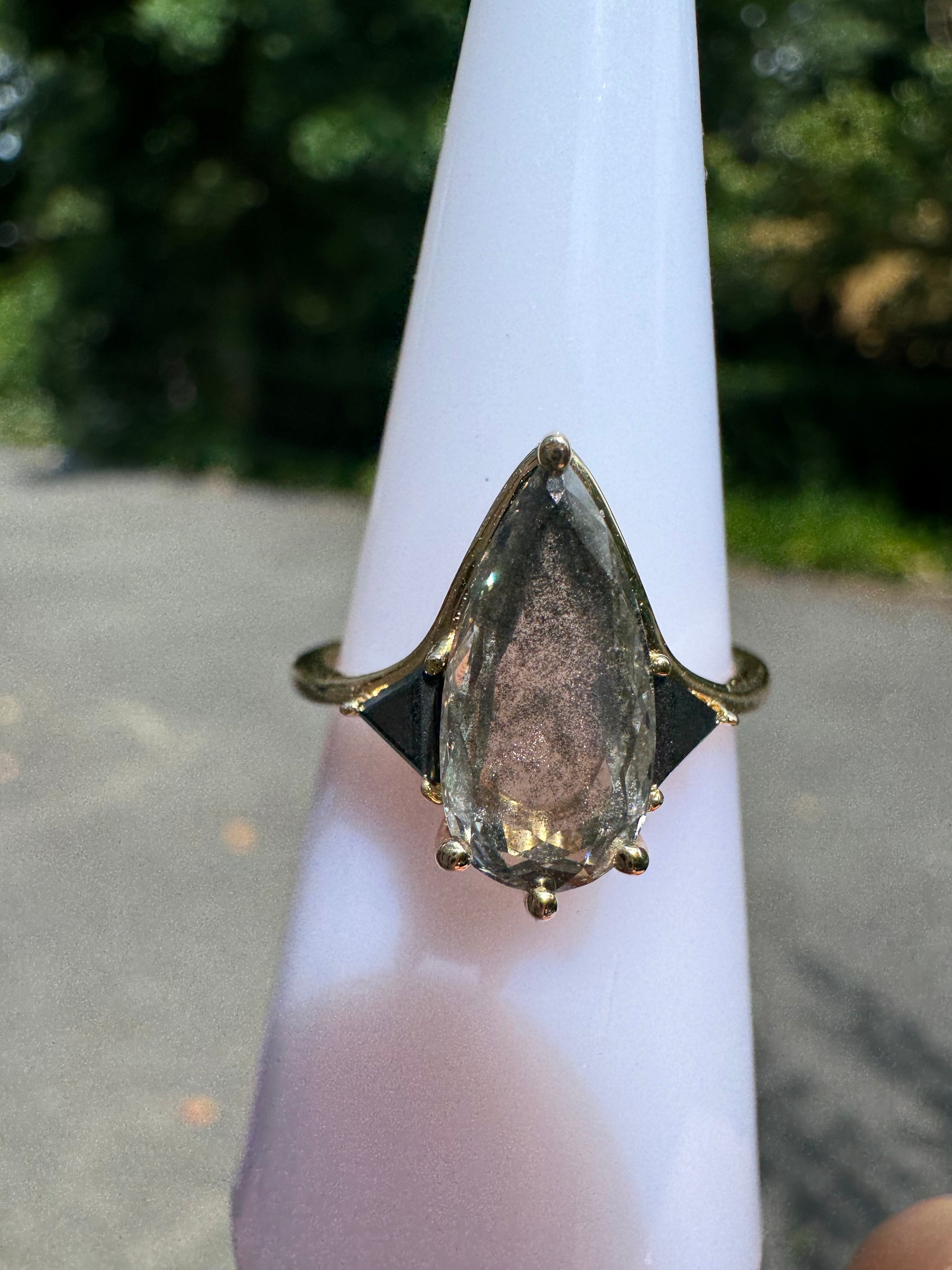 Salt & Pepper Diamond Pear Engagement Ring with Black Diamond Side Stones