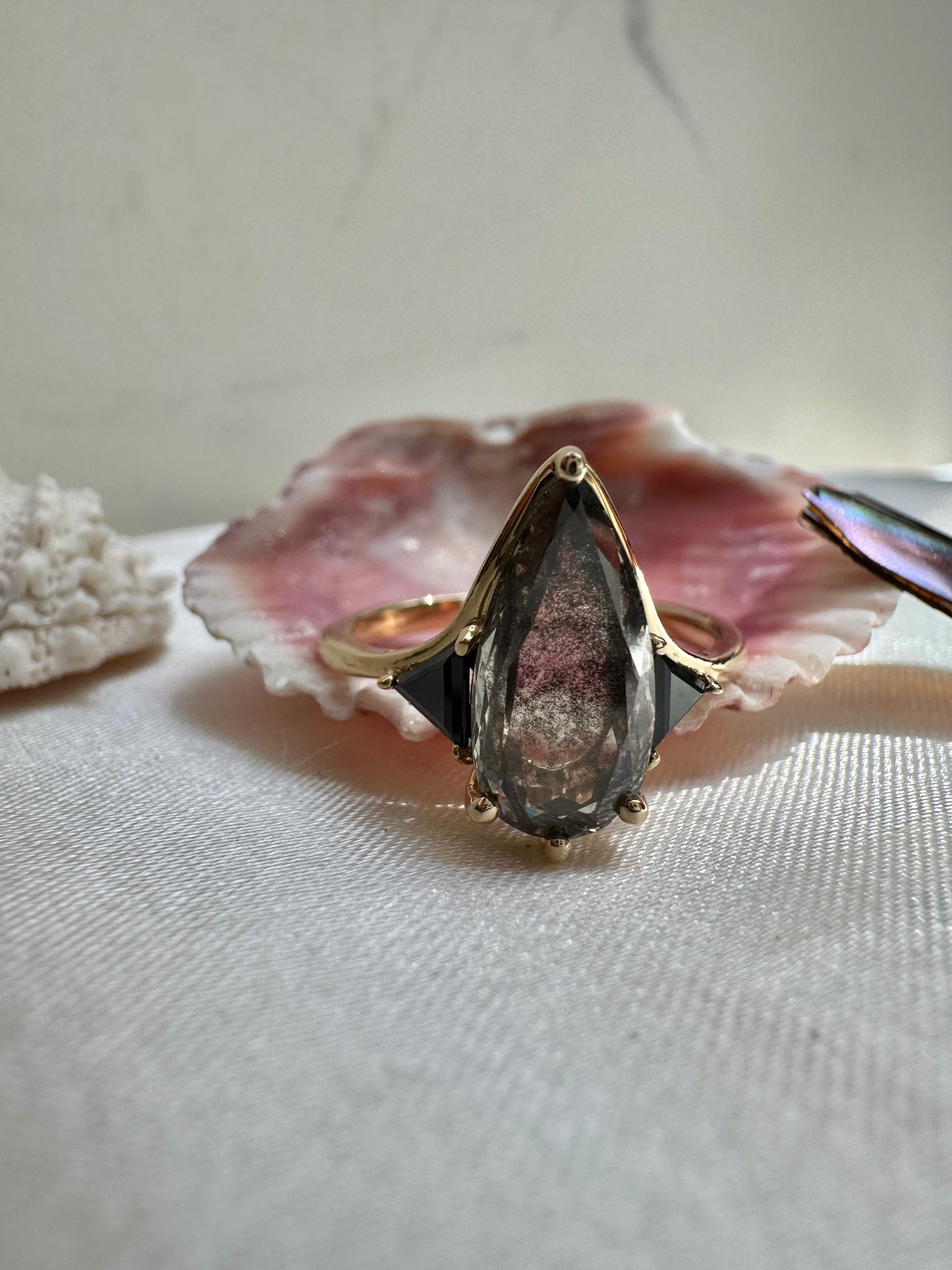 Salt & Pepper Diamond Pear Engagement Ring with Black Diamond Side Stones