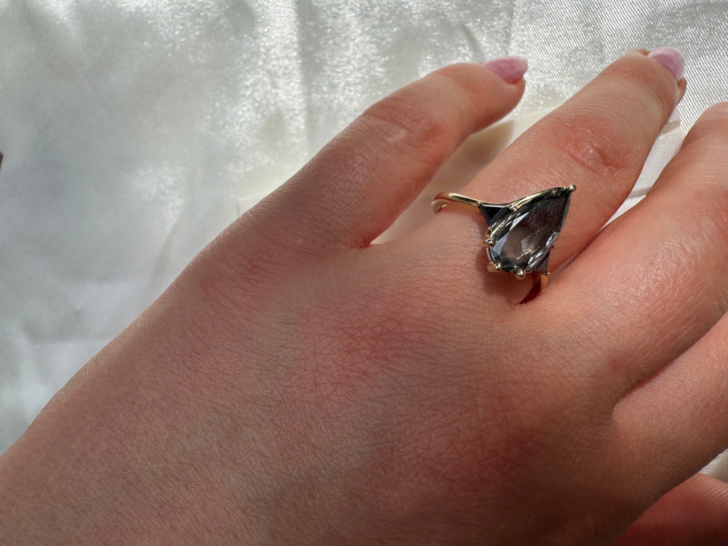Salt & Pepper Diamond Pear Engagement Ring with Black Diamond Side Stones