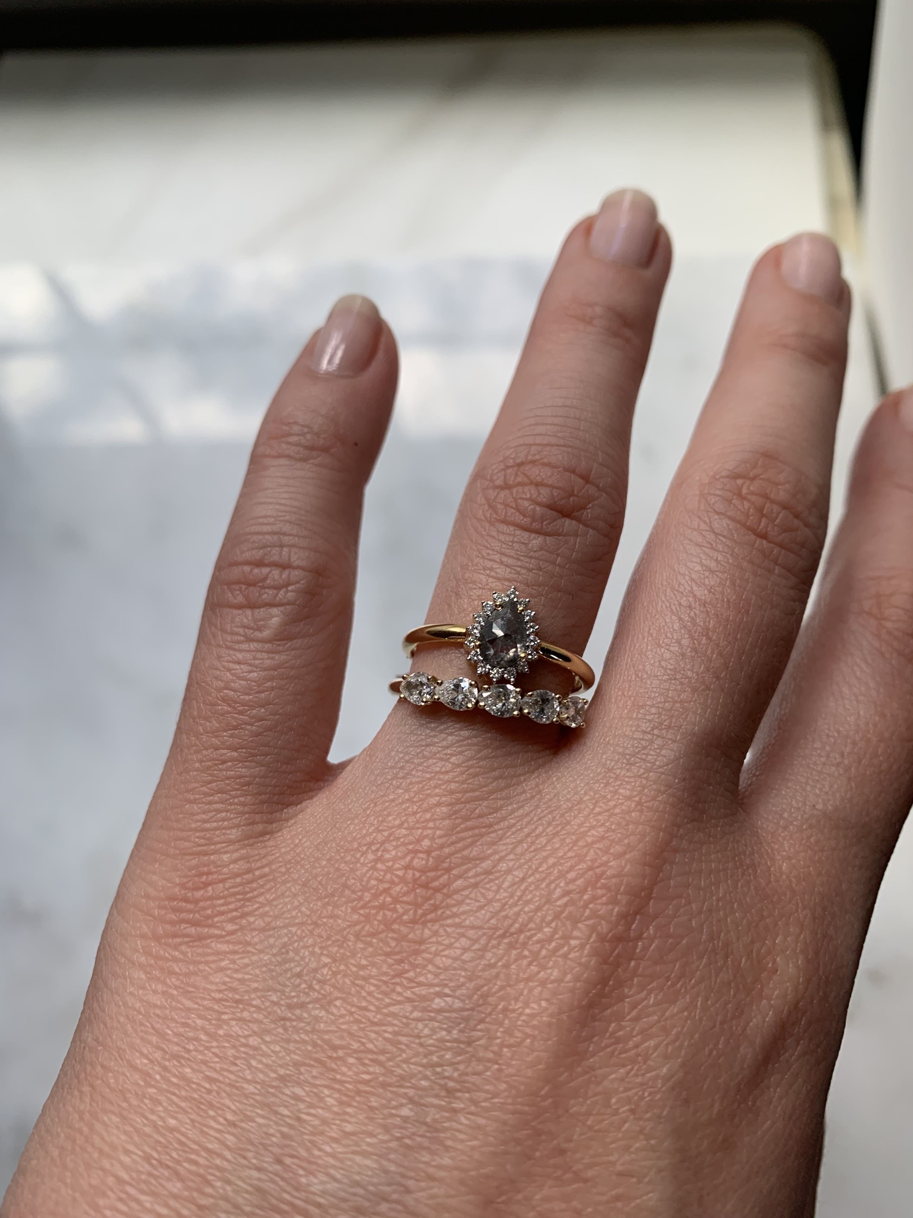 Custom Salt and Pepper Diamond Pear with Halo Engagement Ring