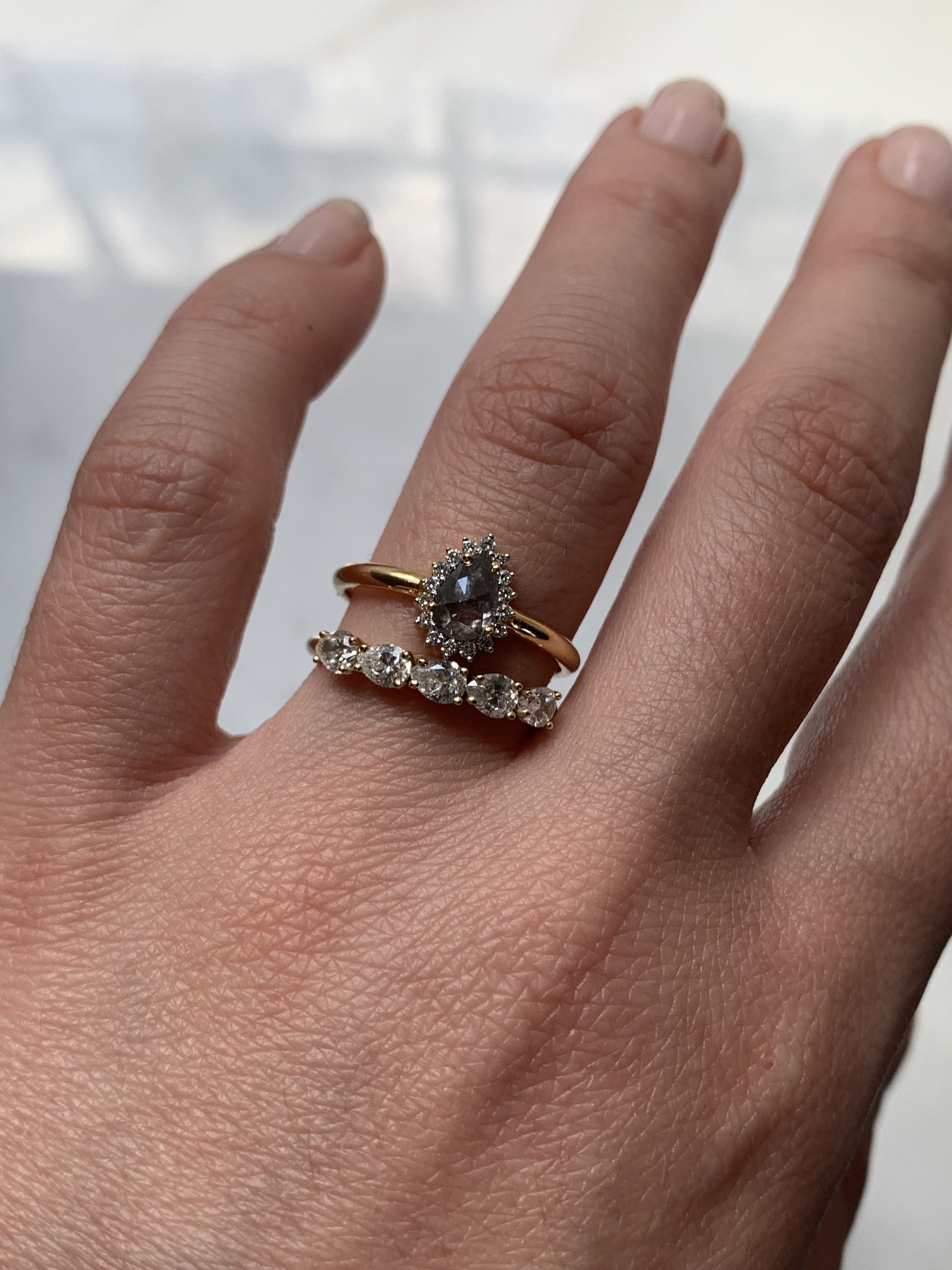 Custom Salt and Pepper Diamond Pear with Halo Engagement Ring