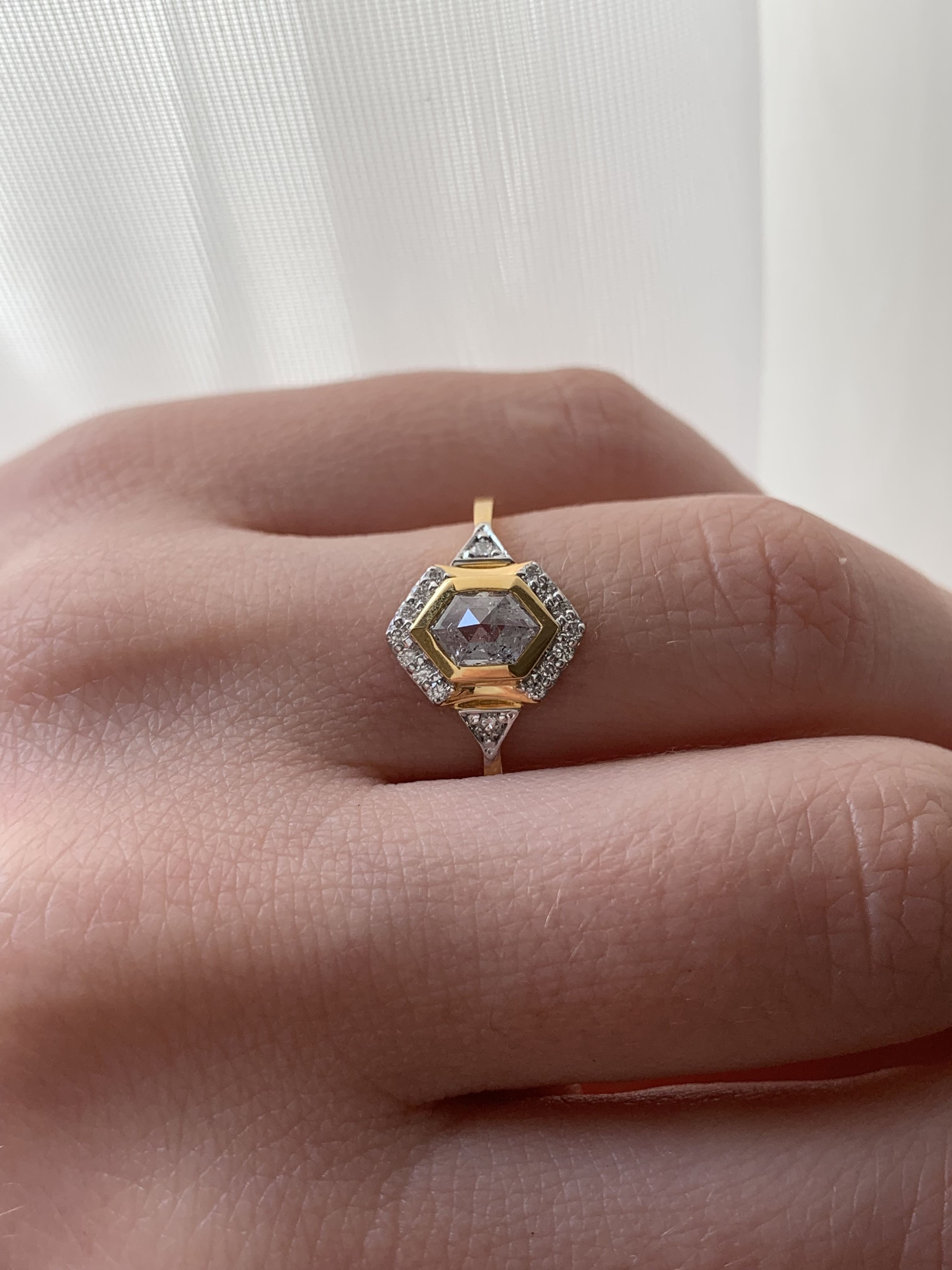 Custom Salt and Pepper Diamond Hexagon with Halo Engagement Ring