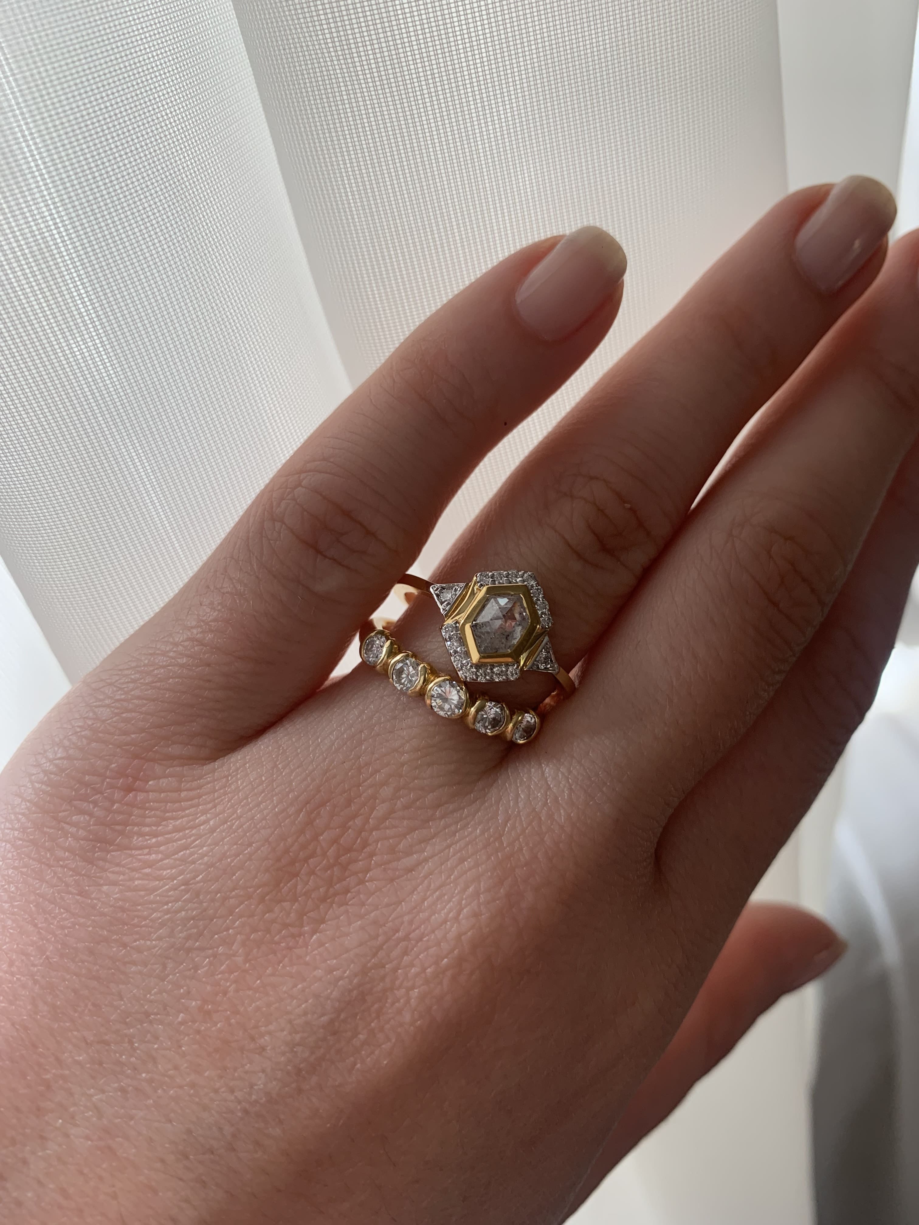 Custom Salt and Pepper Diamond Hexagon with Halo Engagement Ring