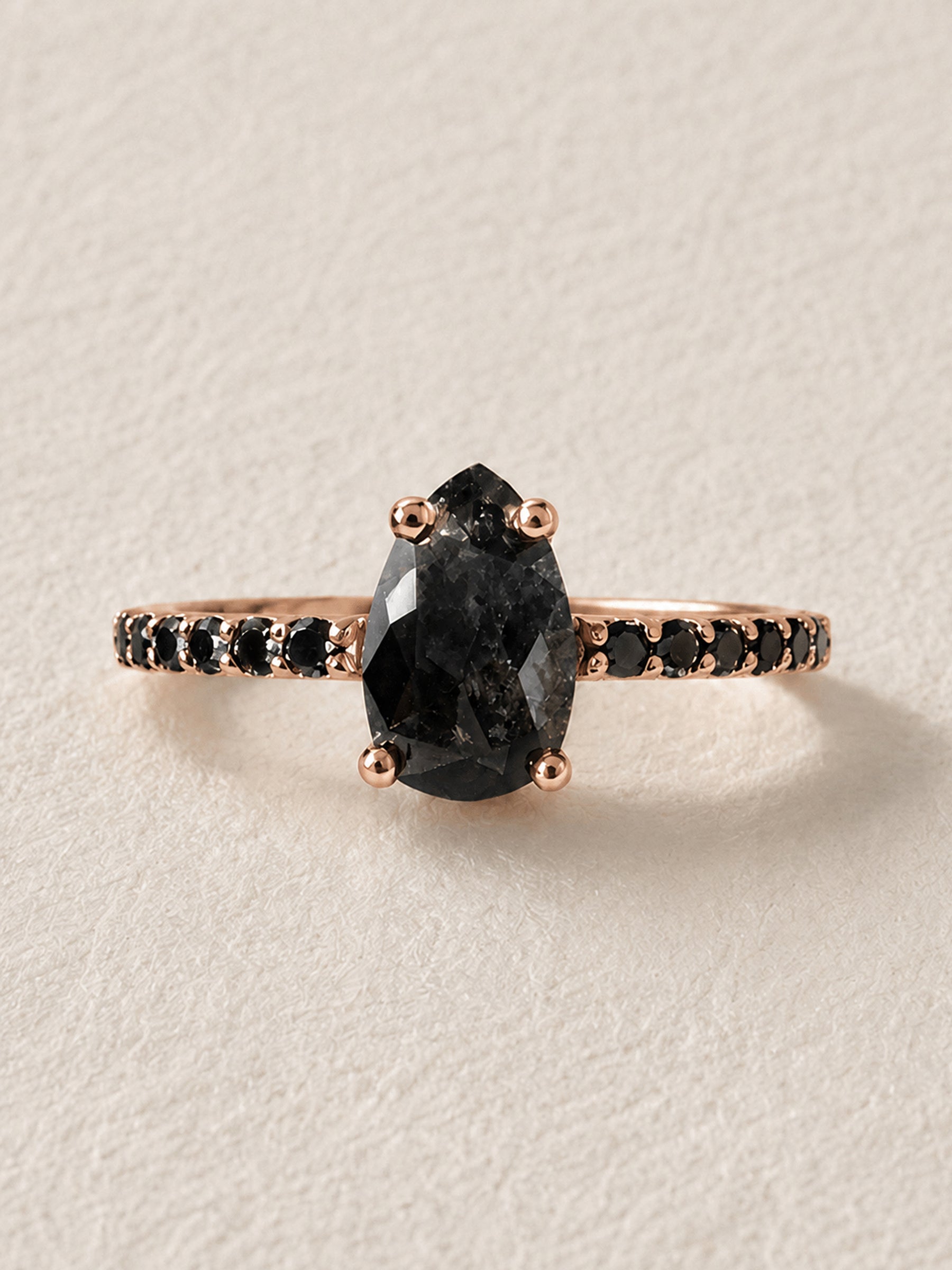 Black Salt & Pepper Pear Diamond Engagement Ring with Black Diamond Band