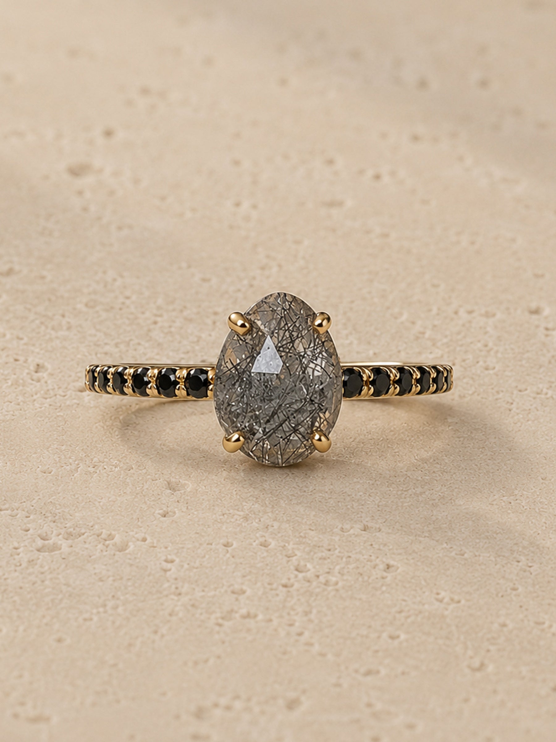 Salt & Pepper Pear Quartz Engagement Ring