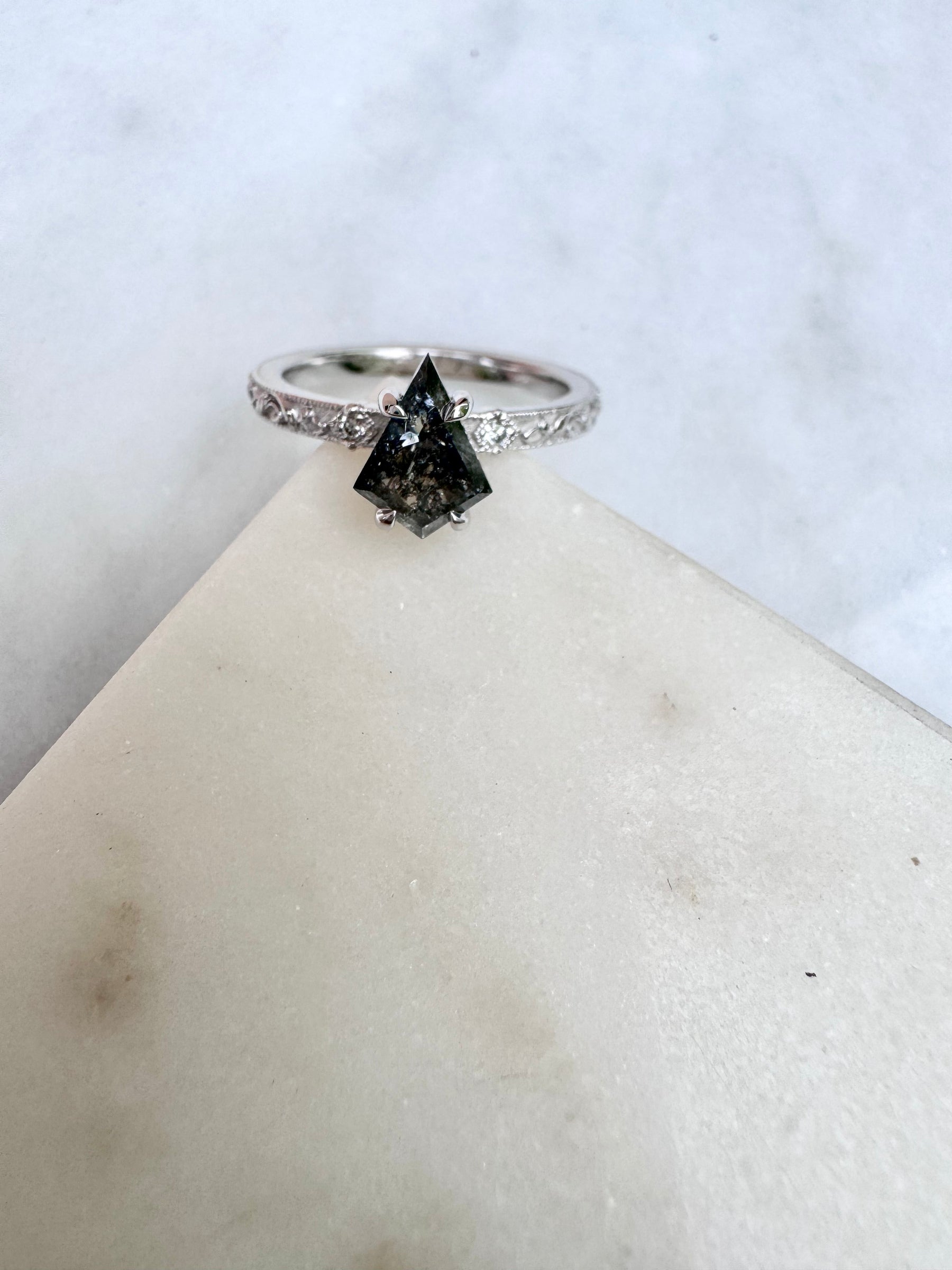 Kite Salt & Pepper Diamond Engagement Ring with Vintage Floral Band