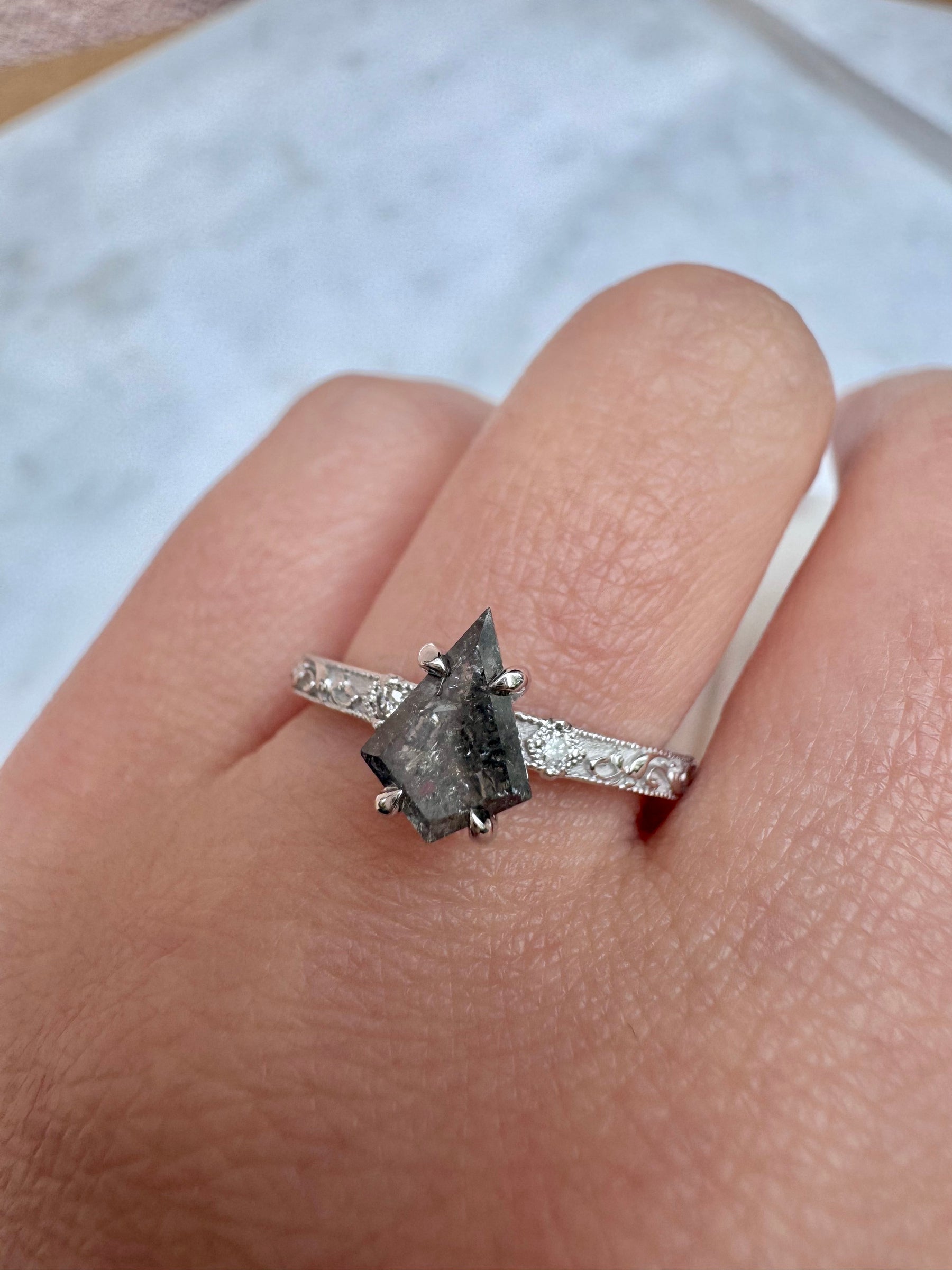 Kite Salt & Pepper Diamond Engagement Ring with Vintage Floral Band