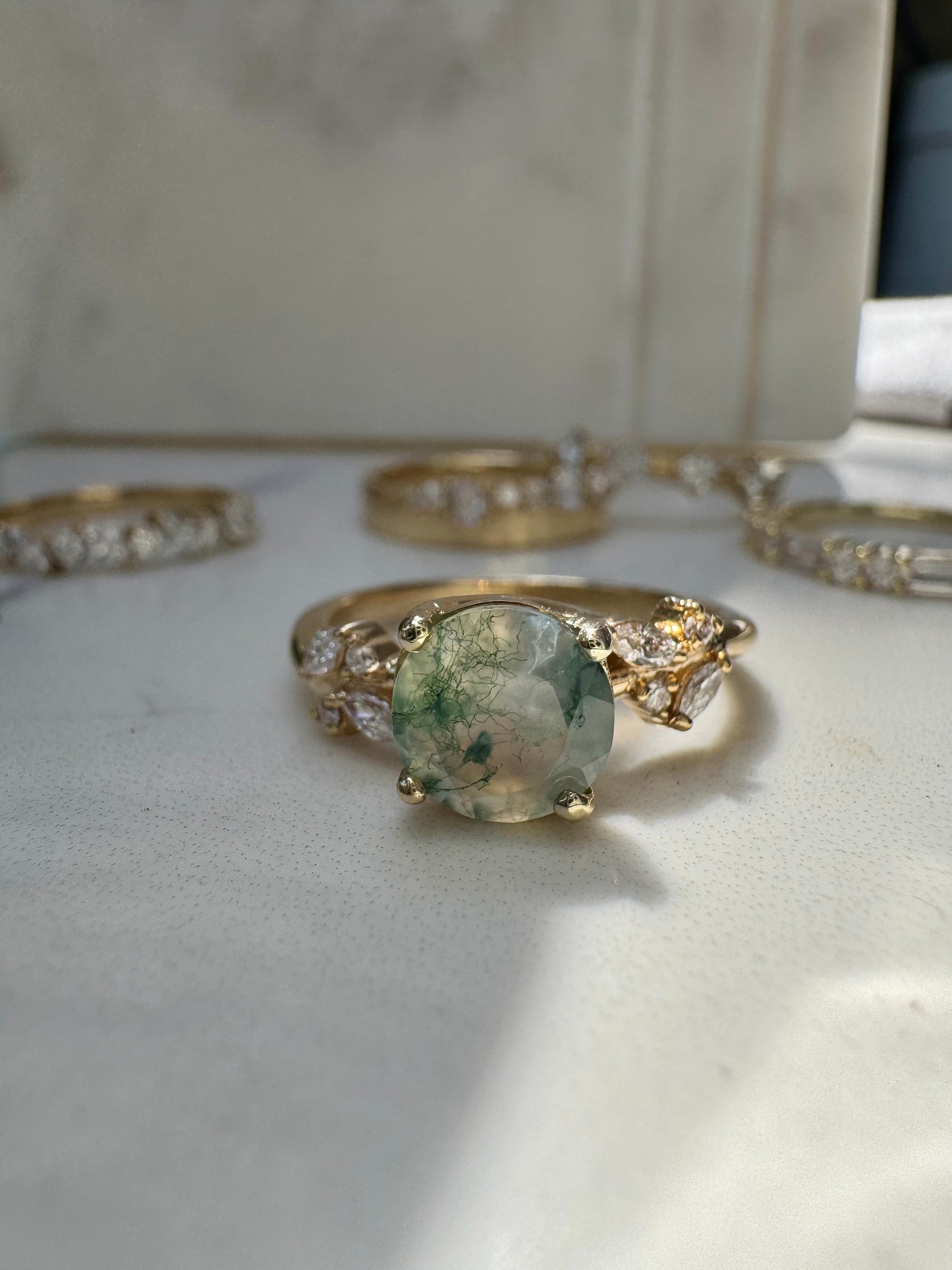 Round Moss Agate Engagement Ring with Diamond Cluster