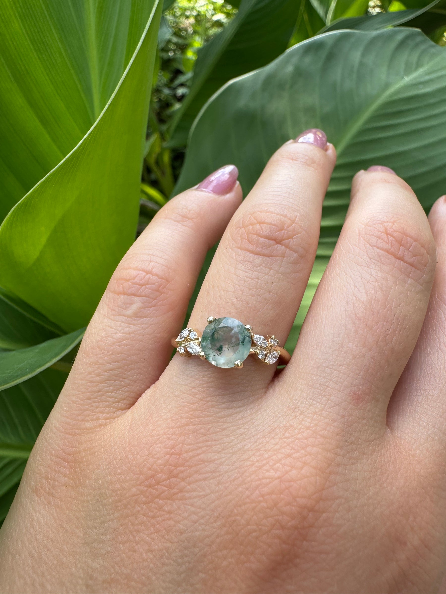 Round Moss Agate Engagement Ring with Diamond Cluster