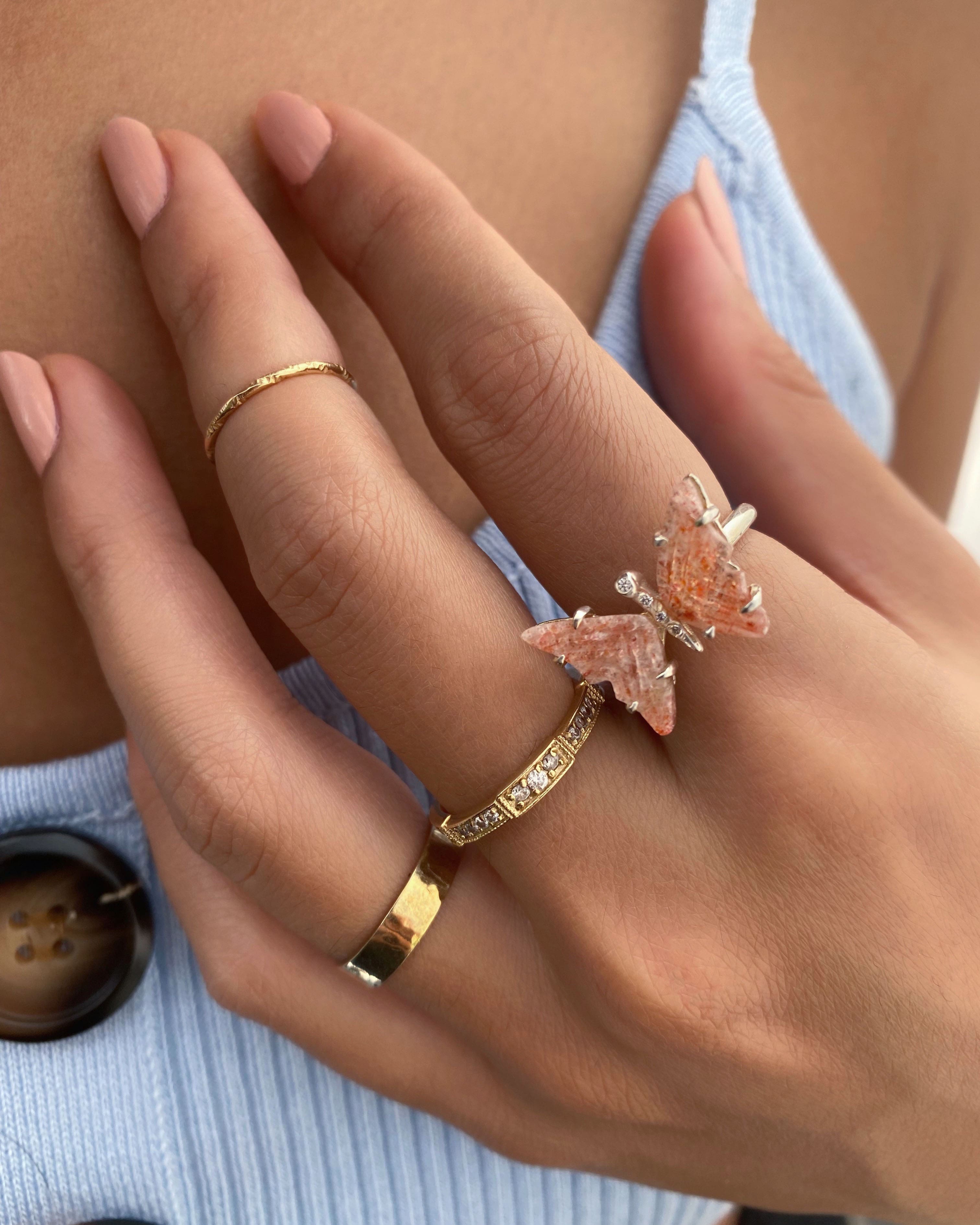 Sunstone and Diamond Butterfly Ring