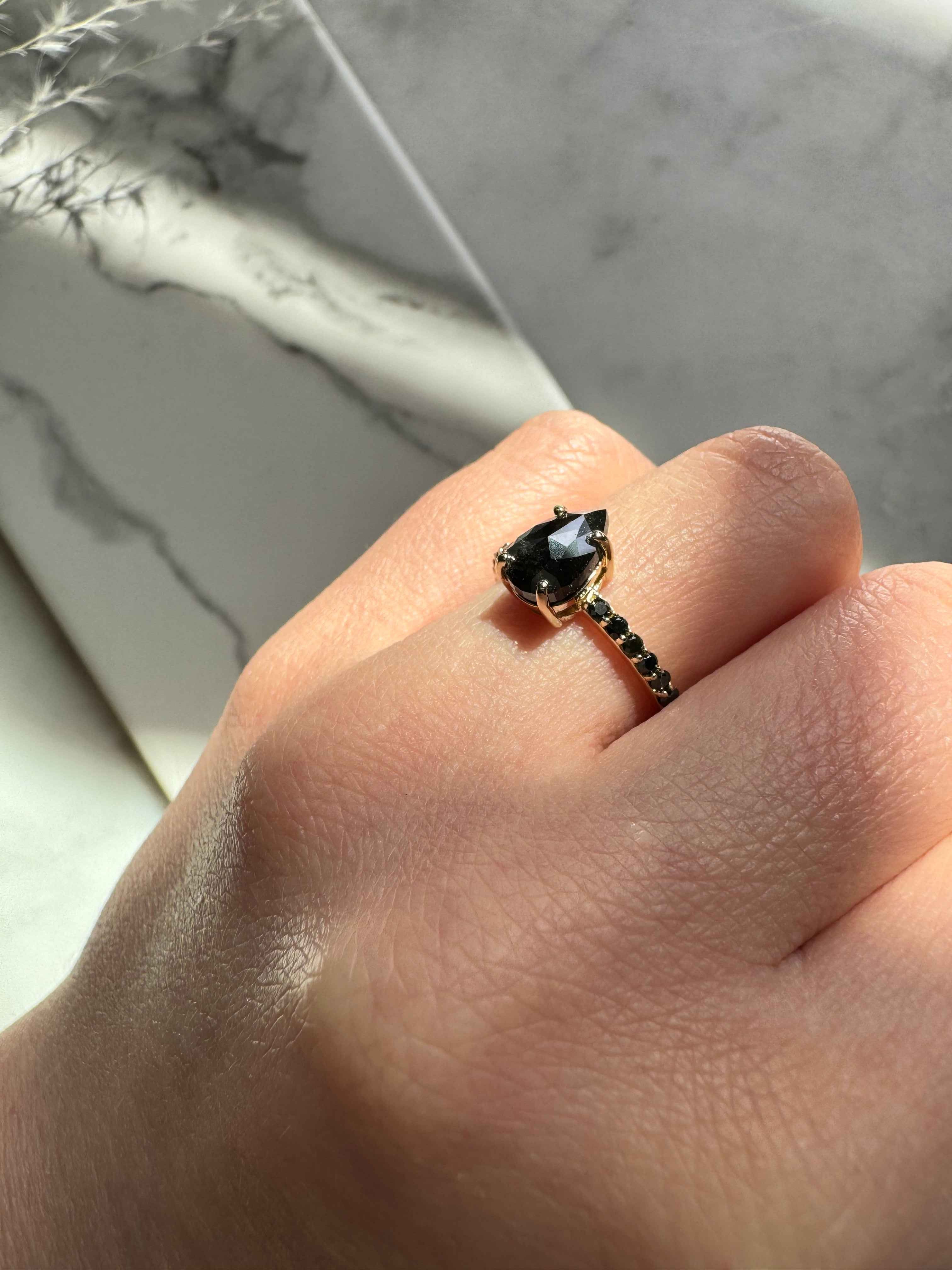 Custom Salt and Pepper Black Diamond Pear Engagement Ring
