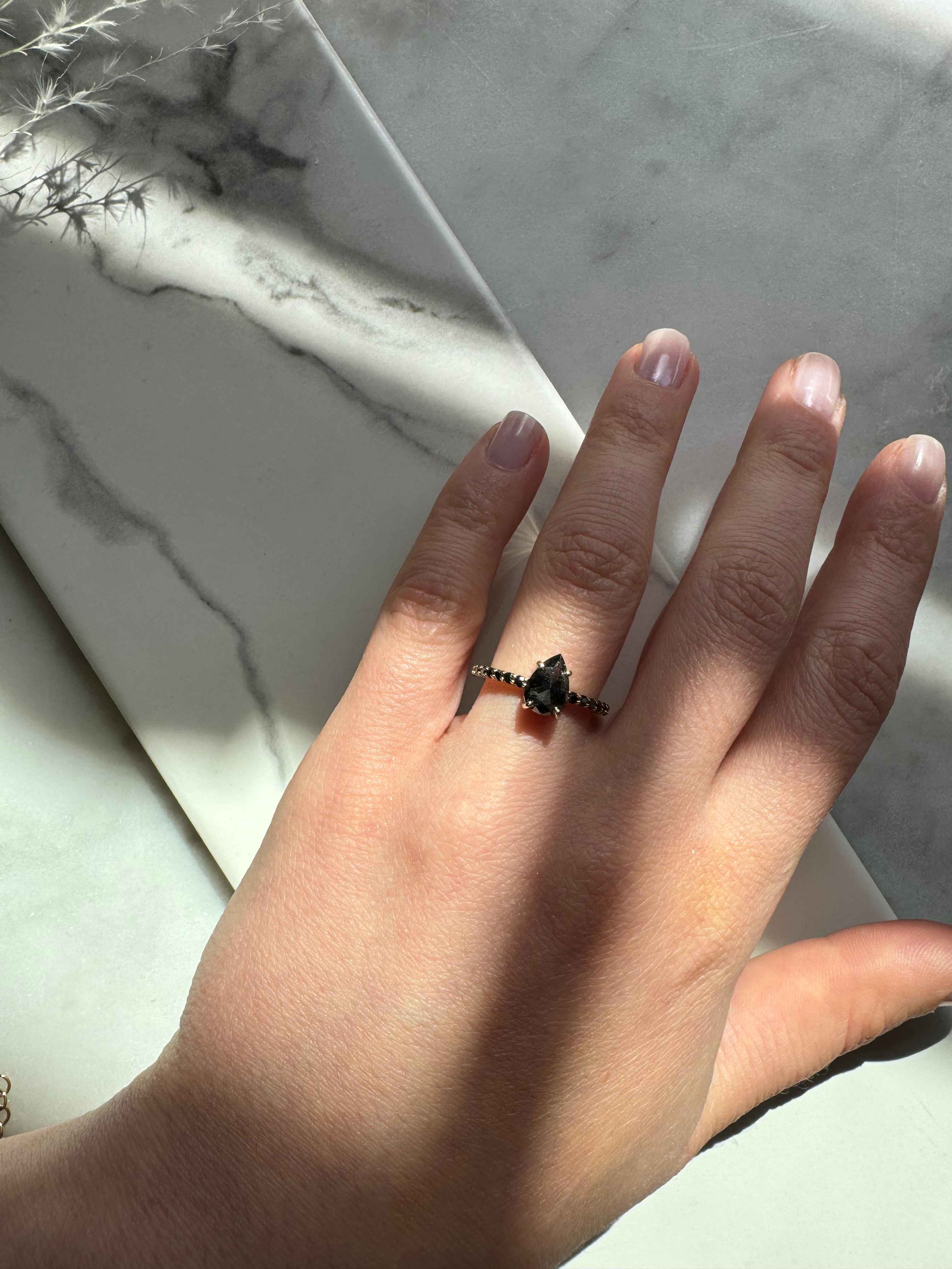 Custom Salt and Pepper Black Diamond Pear Engagement Ring
