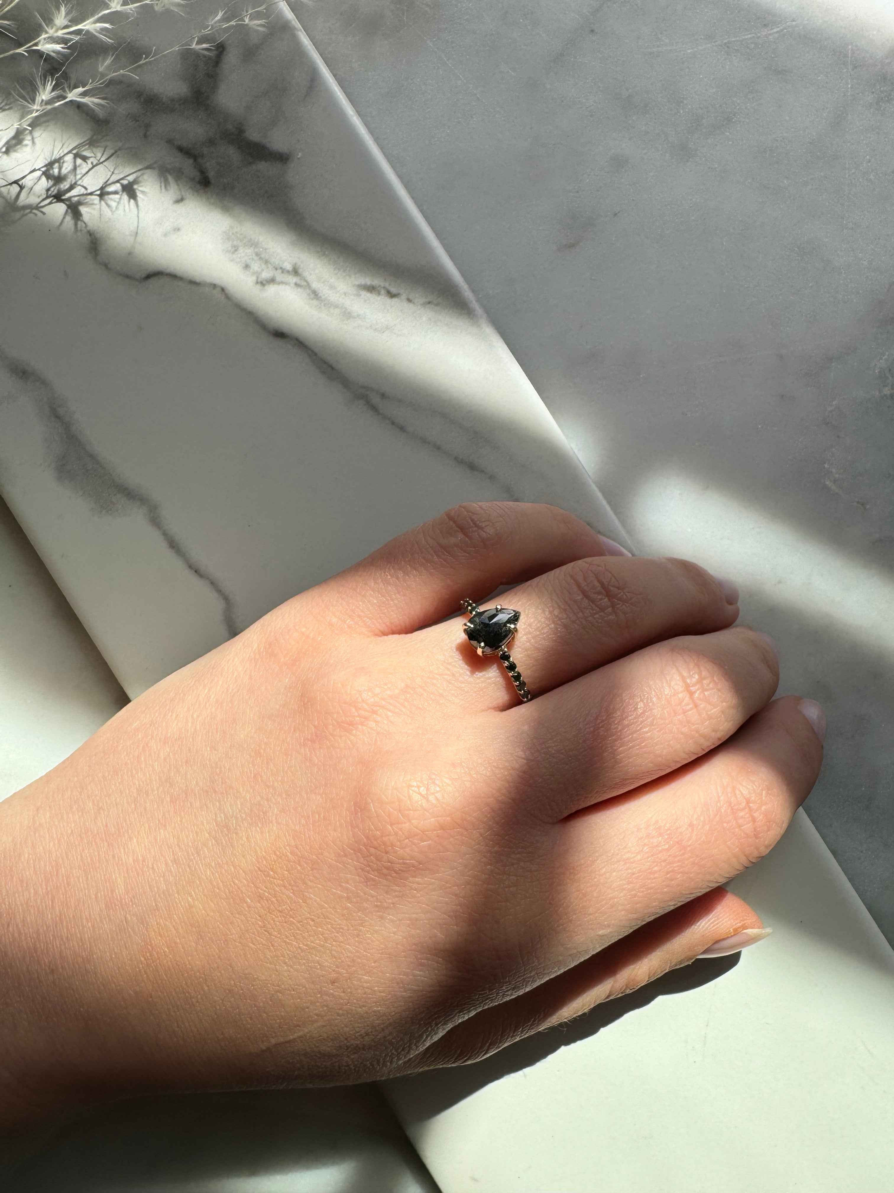 Custom Salt and Pepper Black Diamond Pear Engagement Ring