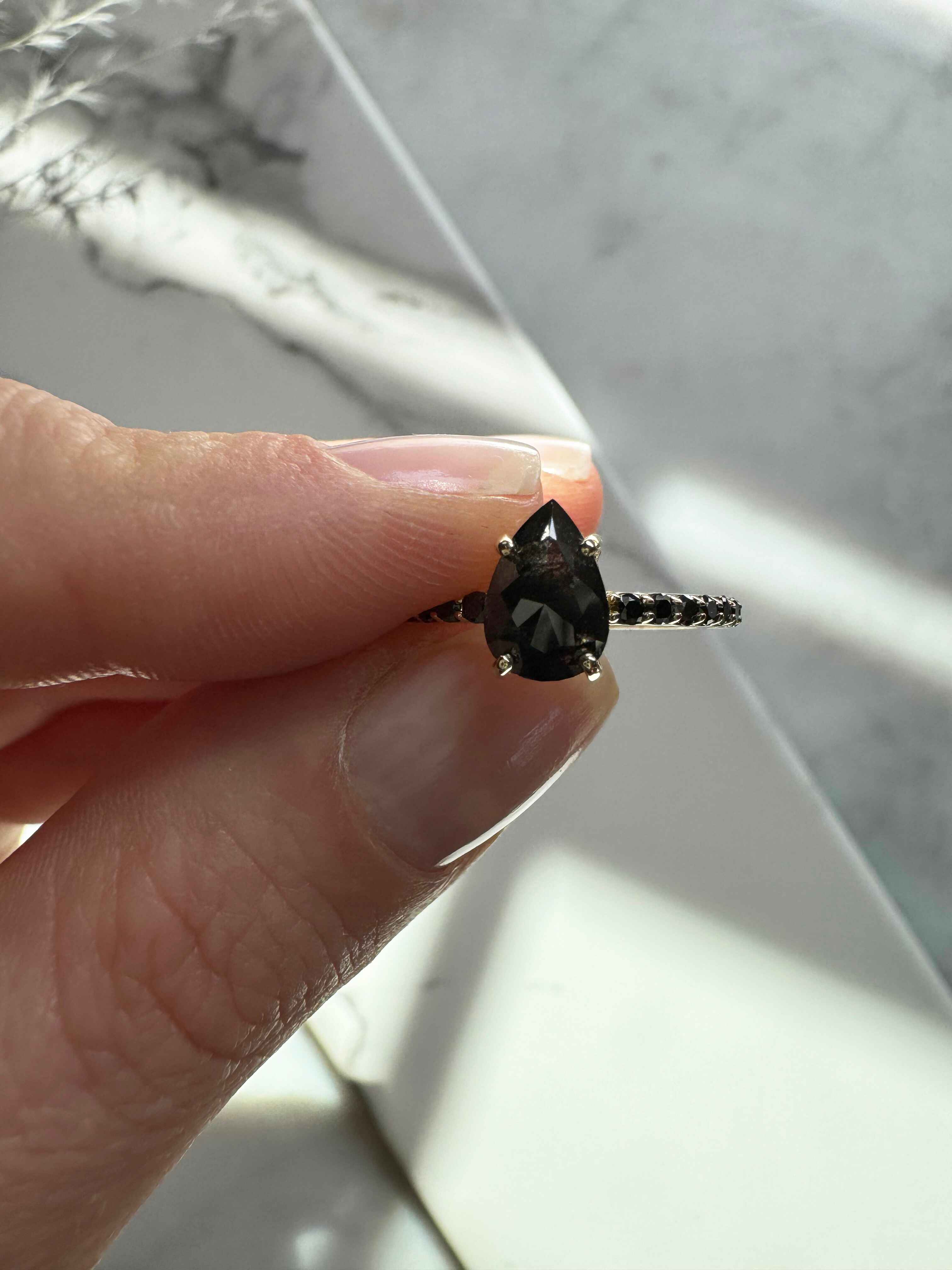 Custom Salt and Pepper Black Diamond Pear Engagement Ring